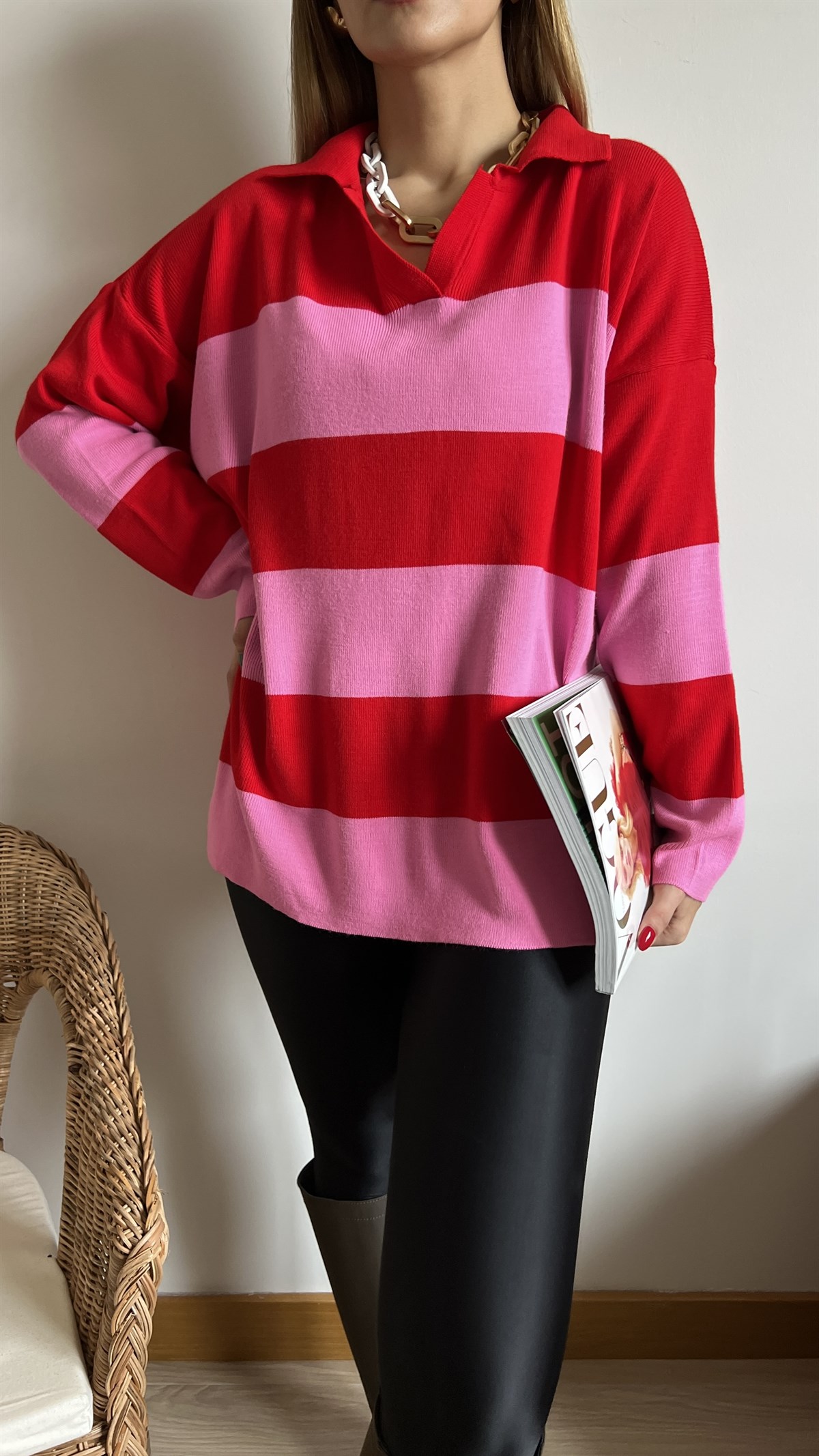 Kırmızı Pembe Polo Yaka Triko