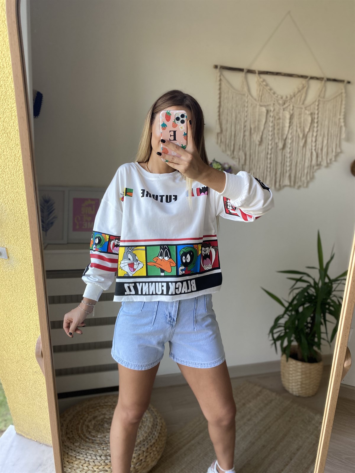 Karakter Baskı Beyaz Sweatshirt