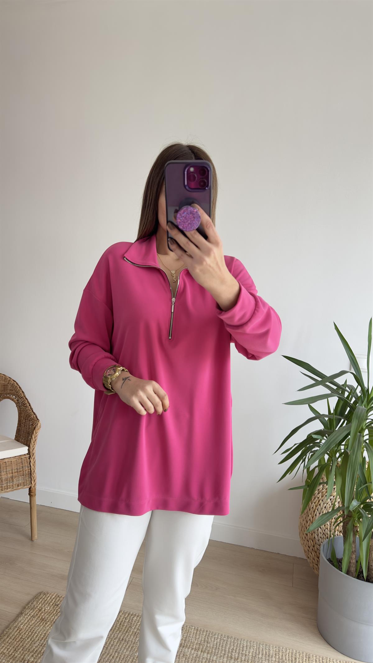 Fuşya Fermuarlı Mevsimlik Modal Sweat