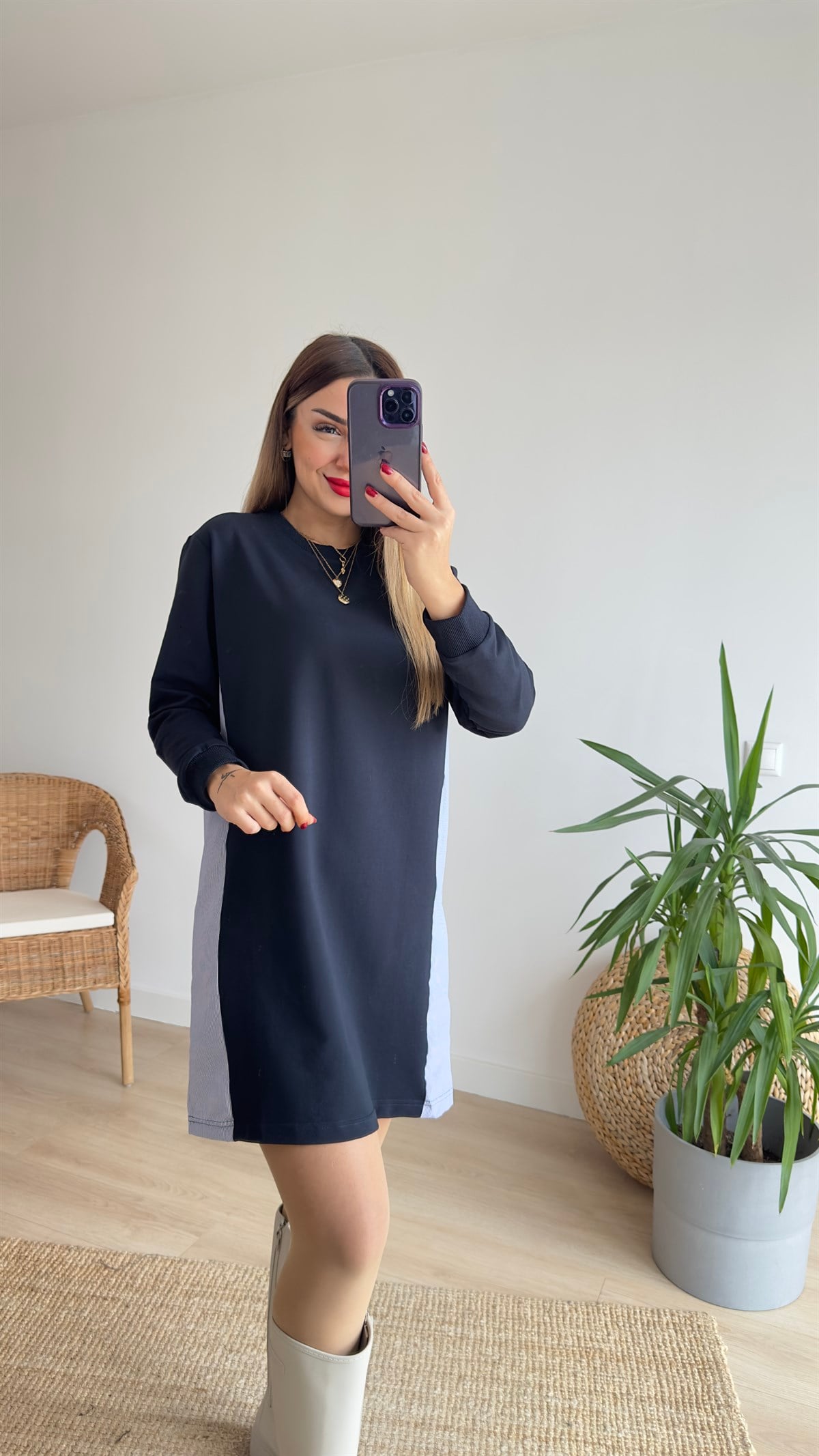 Sırtı Poplin Lacivert Basic Elbise 