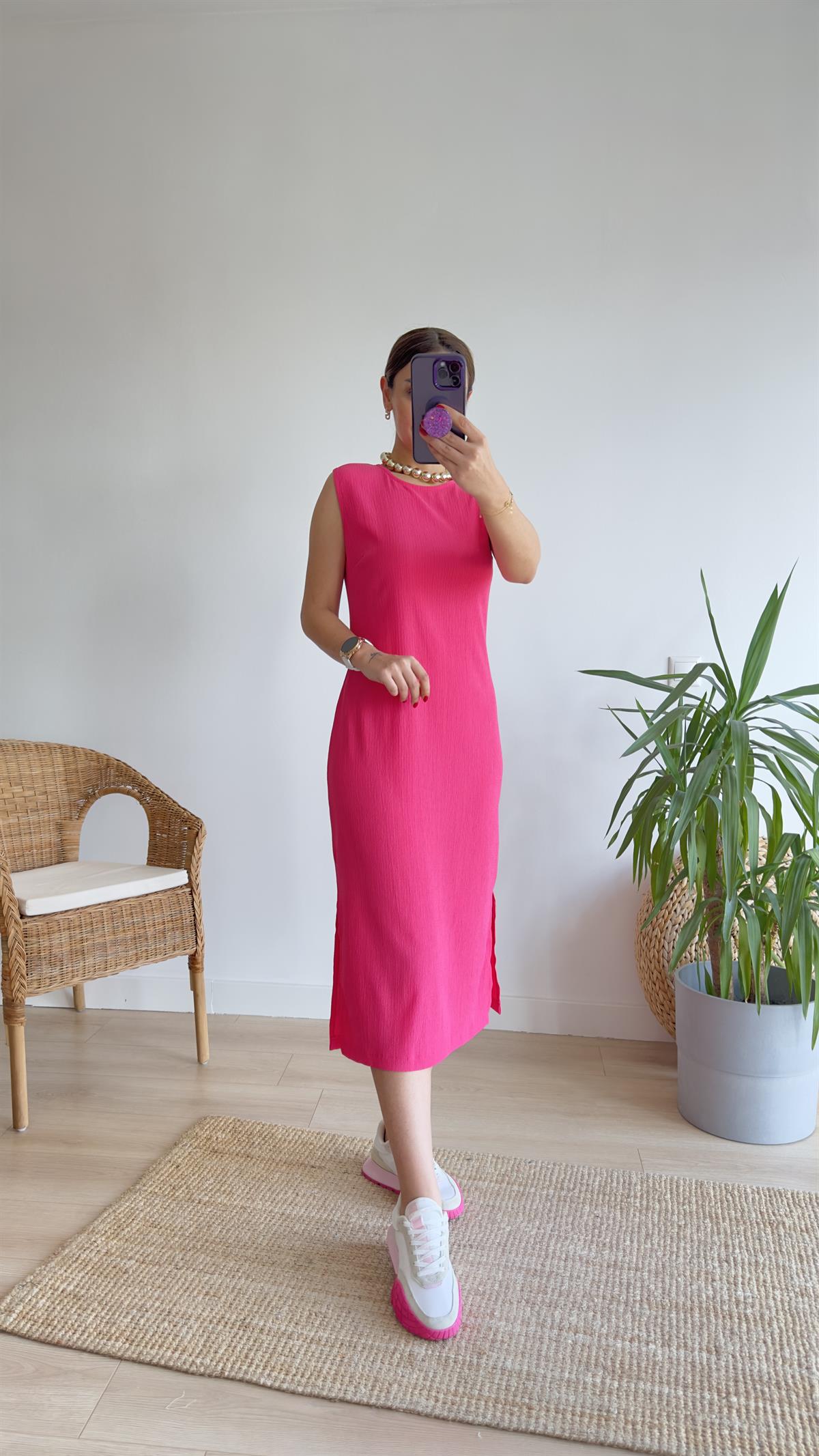 Yırtmaçlı Pembe Basic Elbise