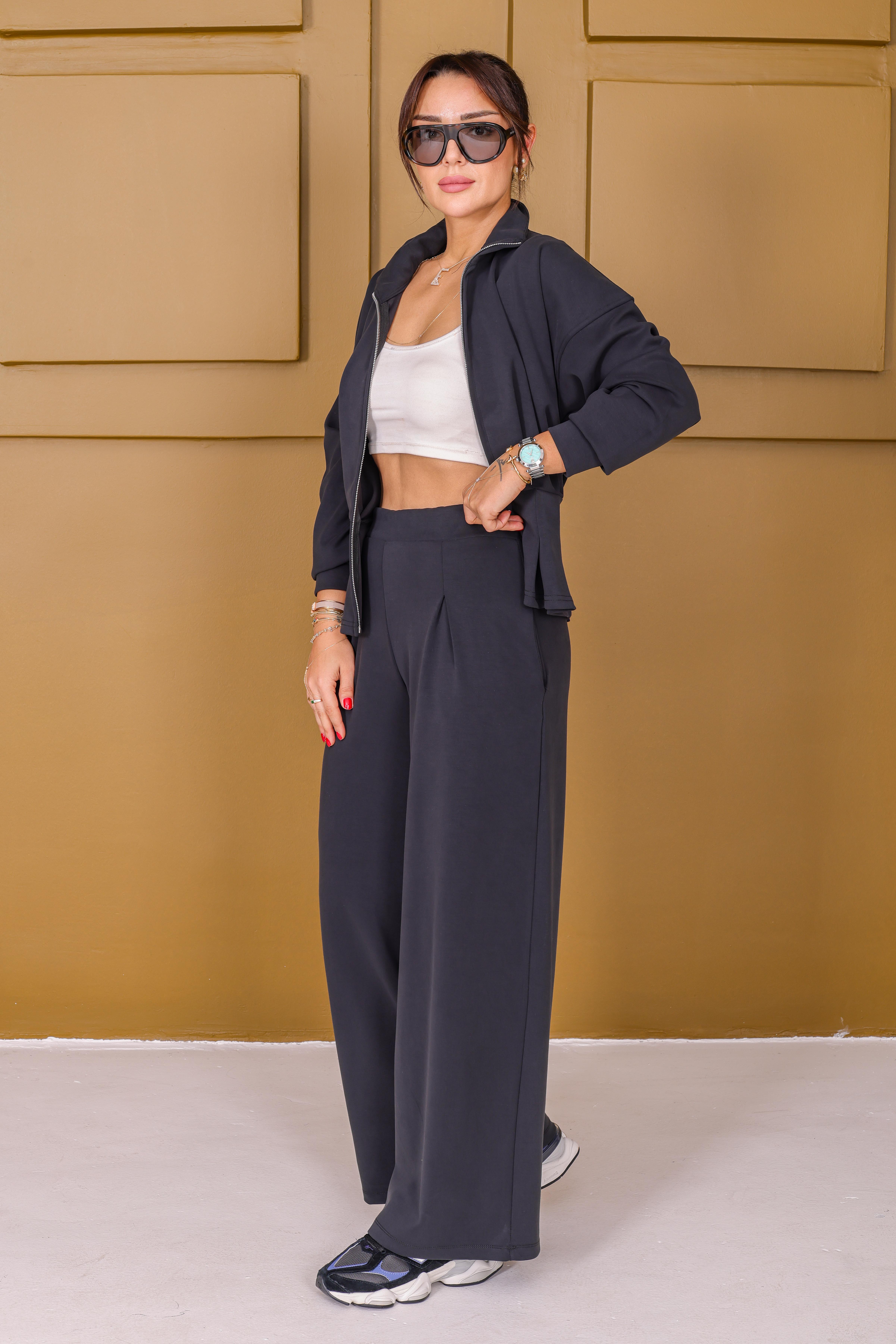 Siyah Kemer Detaylı Oys Model Geniş Paça Pantolon Takım