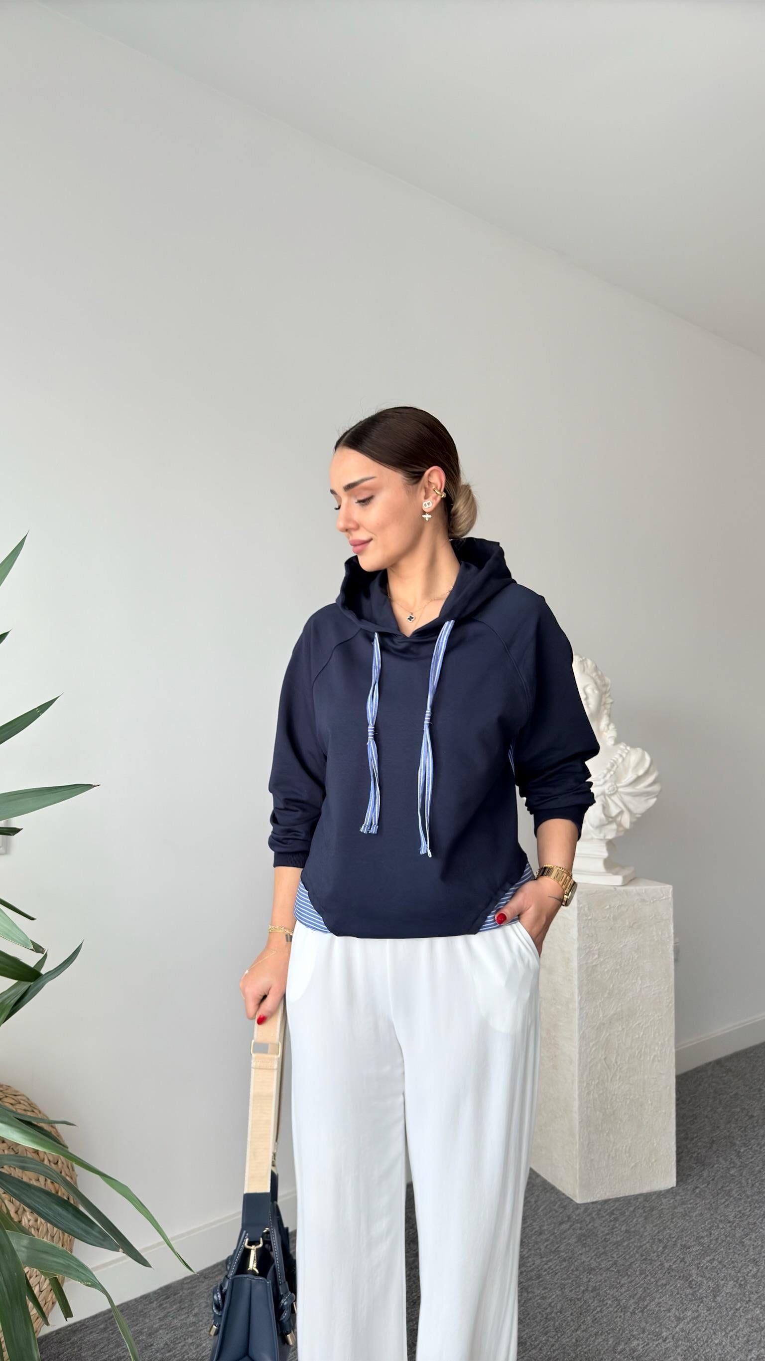 Lacivert Reste Poplin Garnili Sweatshirt