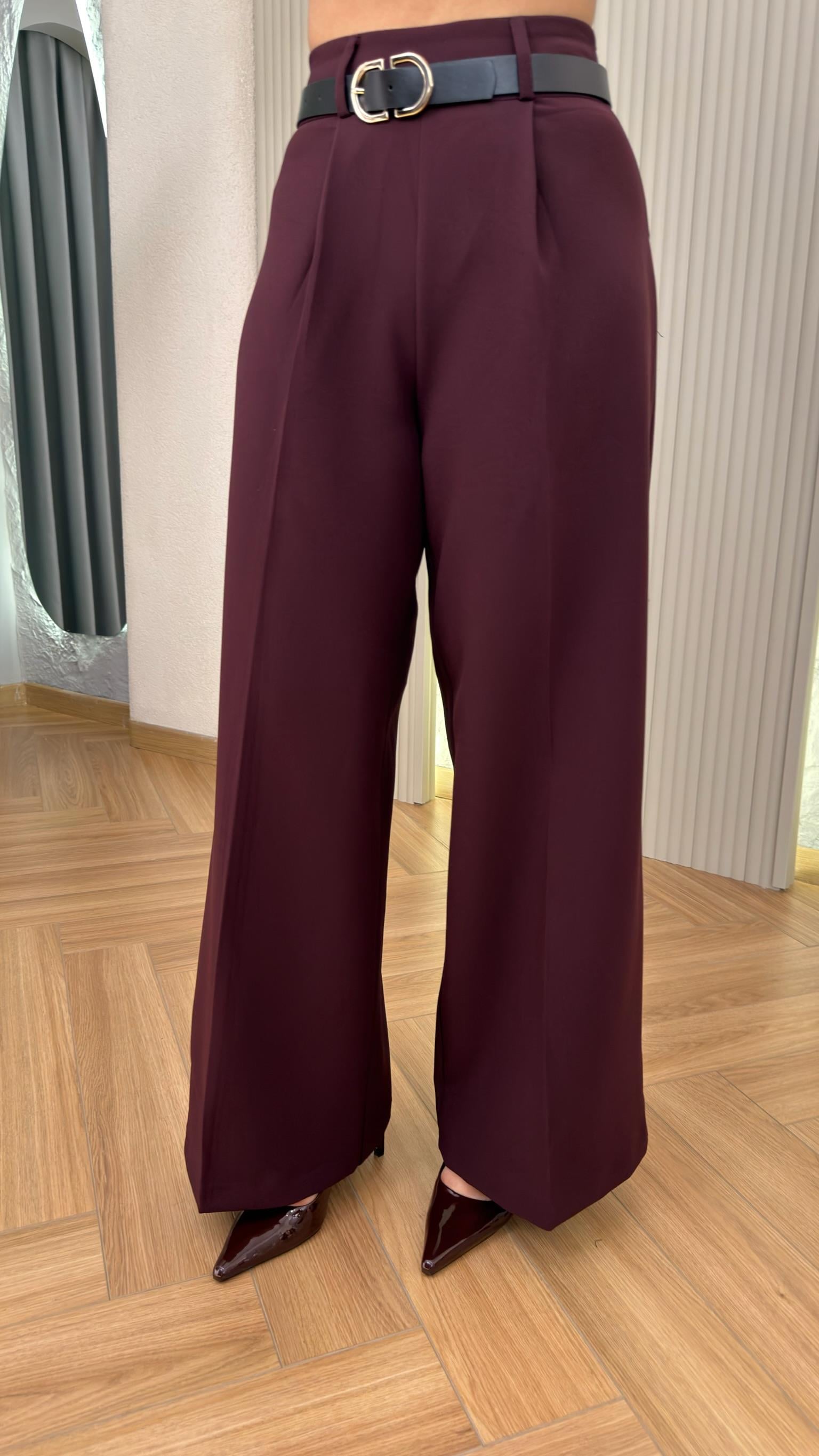 Bordo Madia Kemerli Pile Detay Pantolon