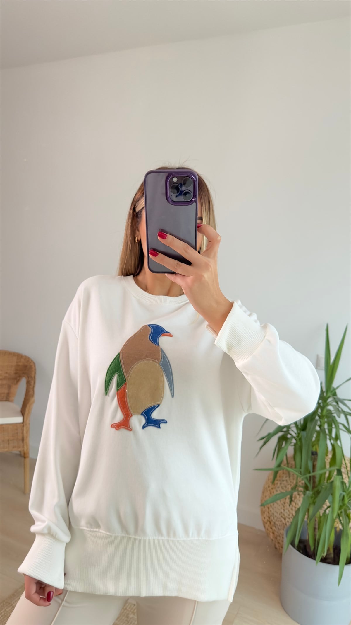 Penguen Baskılı Beyaz Sweat