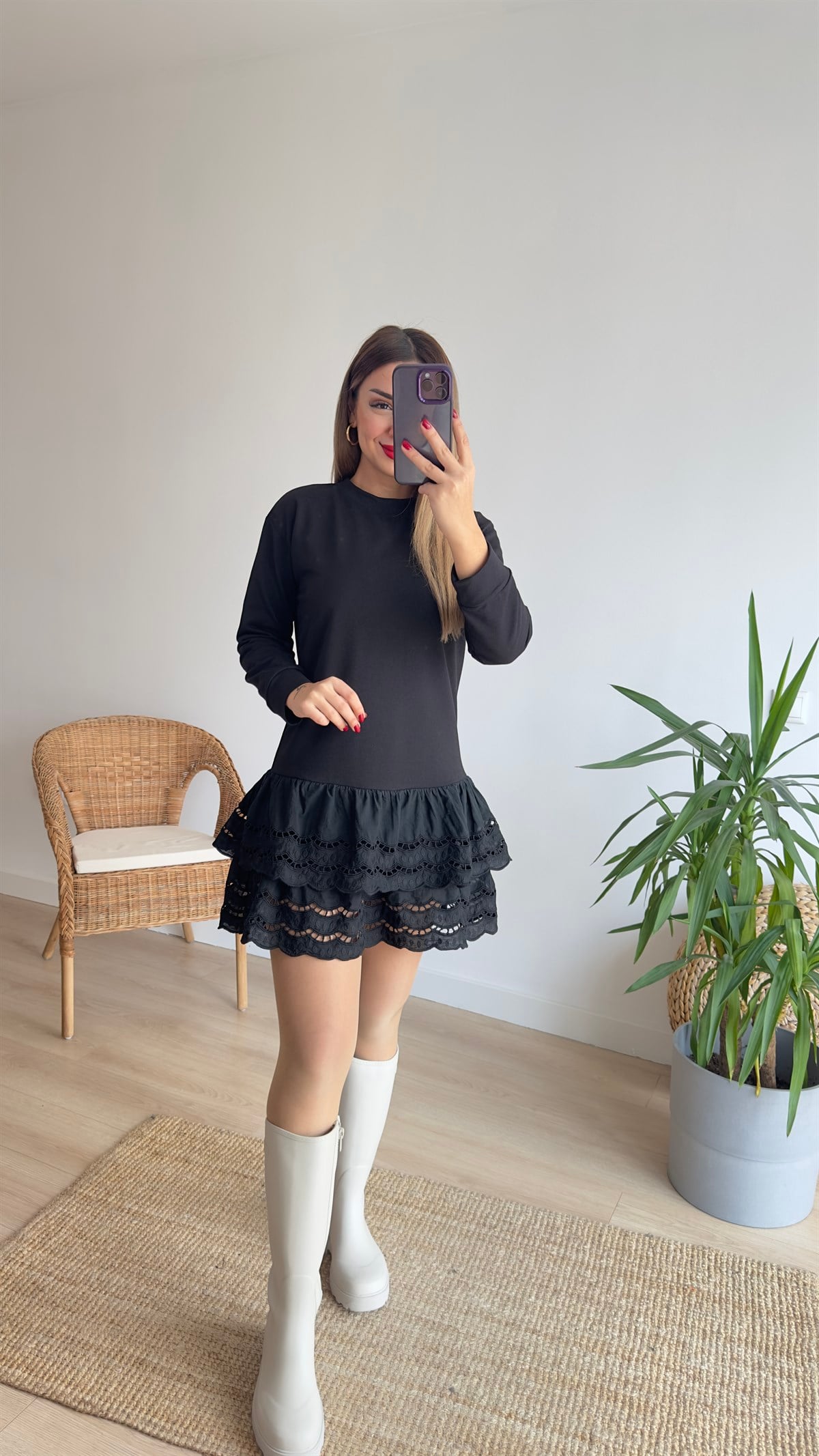 Eteği Fistolu Siyah Sweat Elbise 