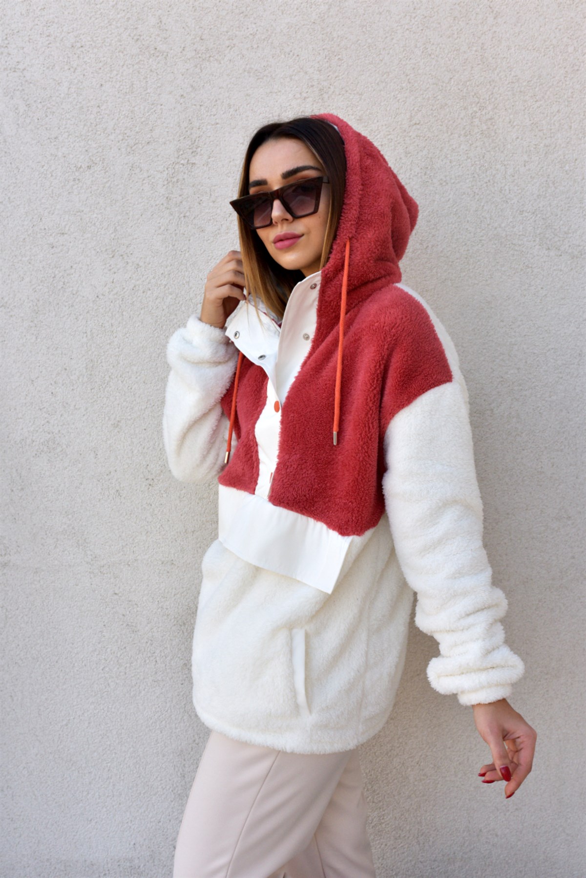 Kanguru Cep Detaylı Kapüşonlu Polar Sweatshirt