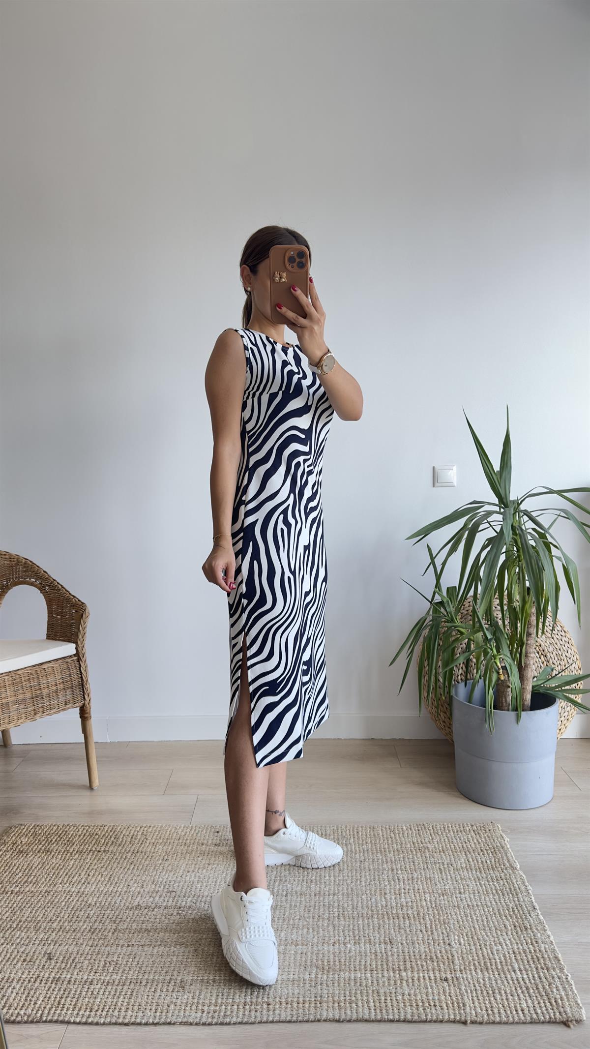 Teul Lacivert Zebra Desenli Elbise