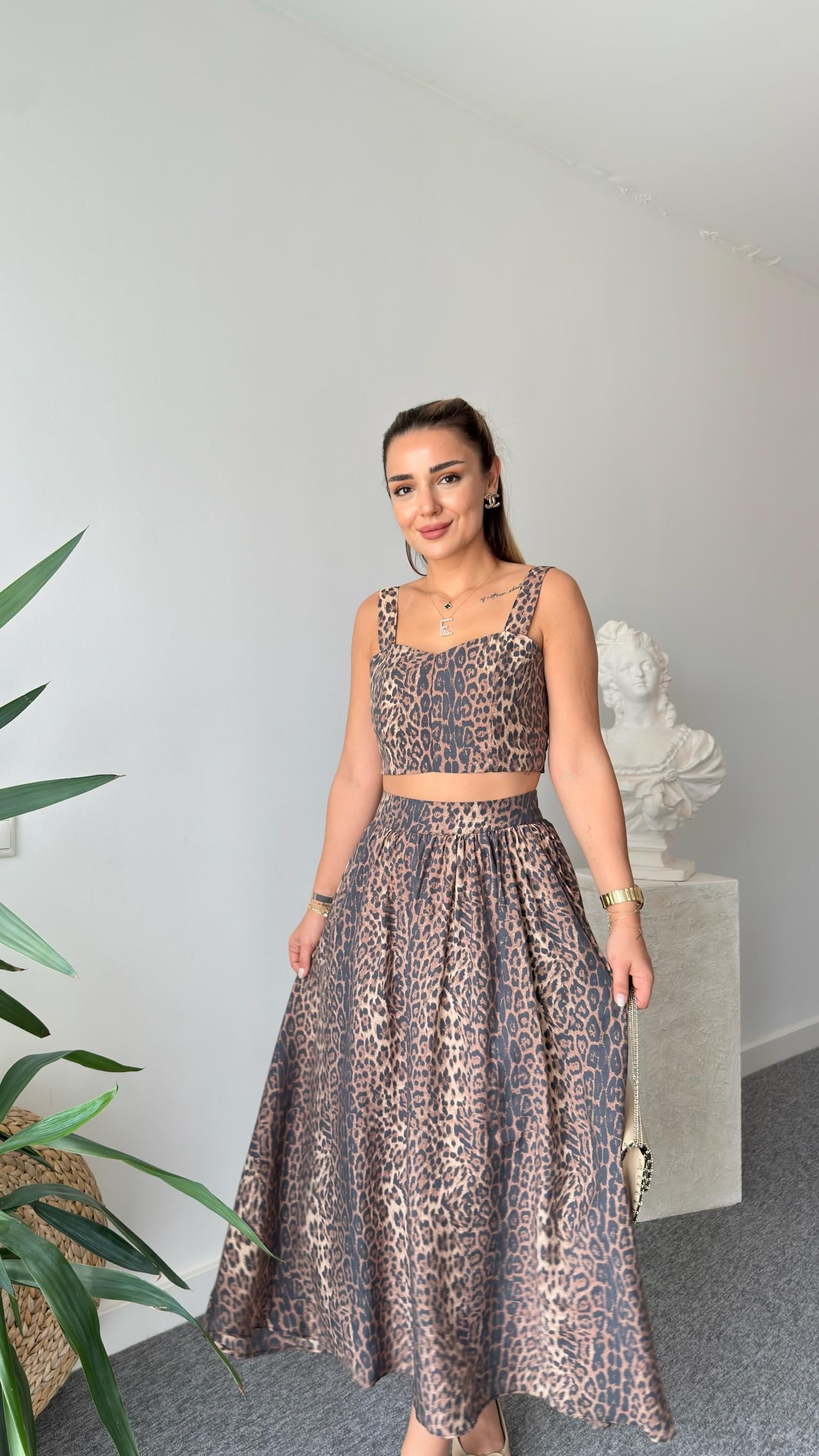 Leopar Desenli Etekli Crop Takım