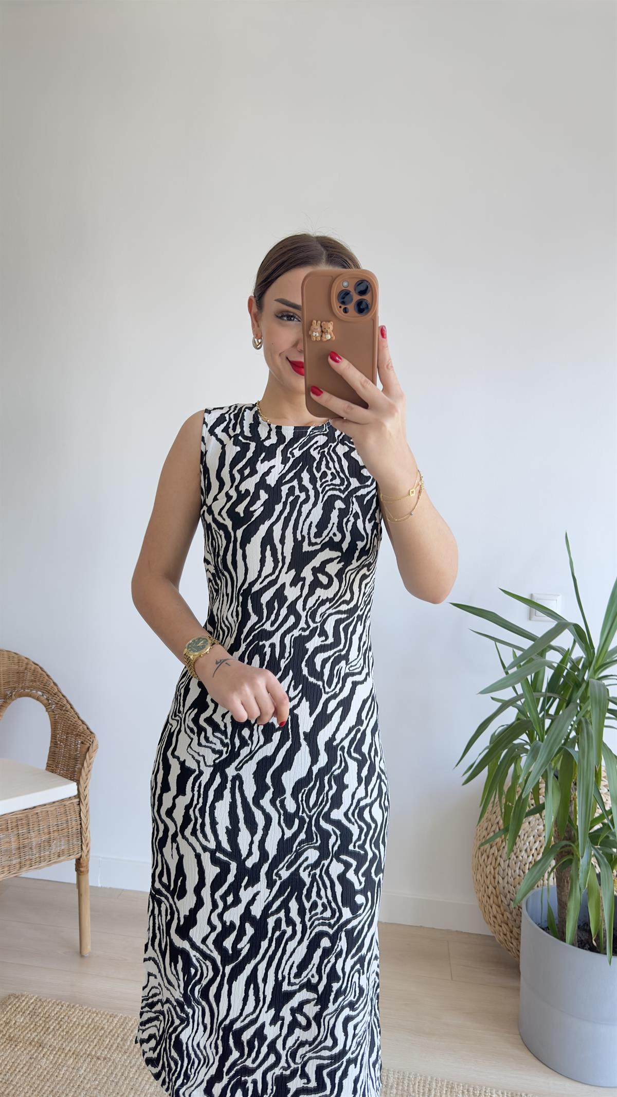 Belis Zebra Desen Yırtmaçlı Elbise 