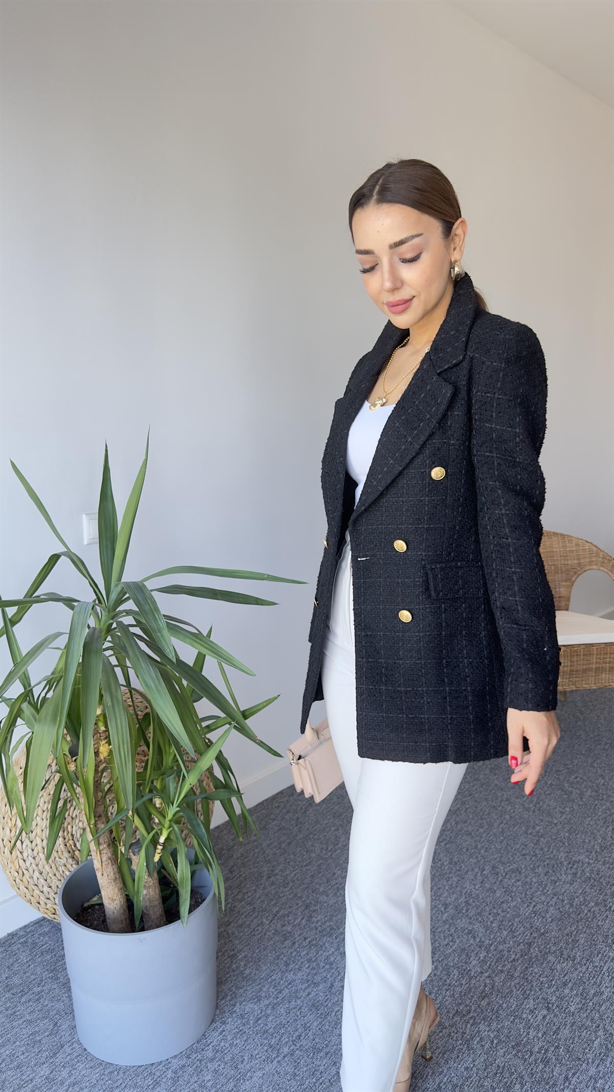 Gold Düğme Siyah Tüvit Blazer Ceket