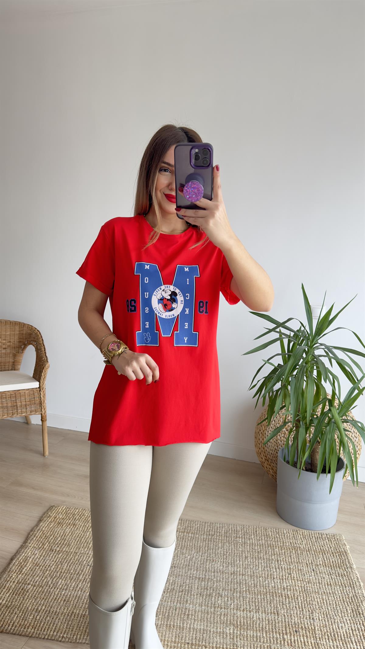 M Baskı Kırmızı Tshirt