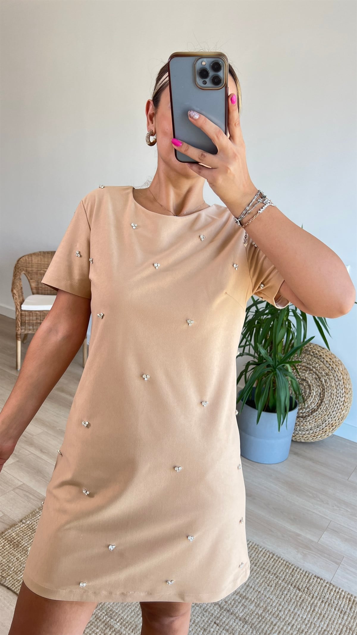 Zara Model Taş Detaylı Süet Elbise