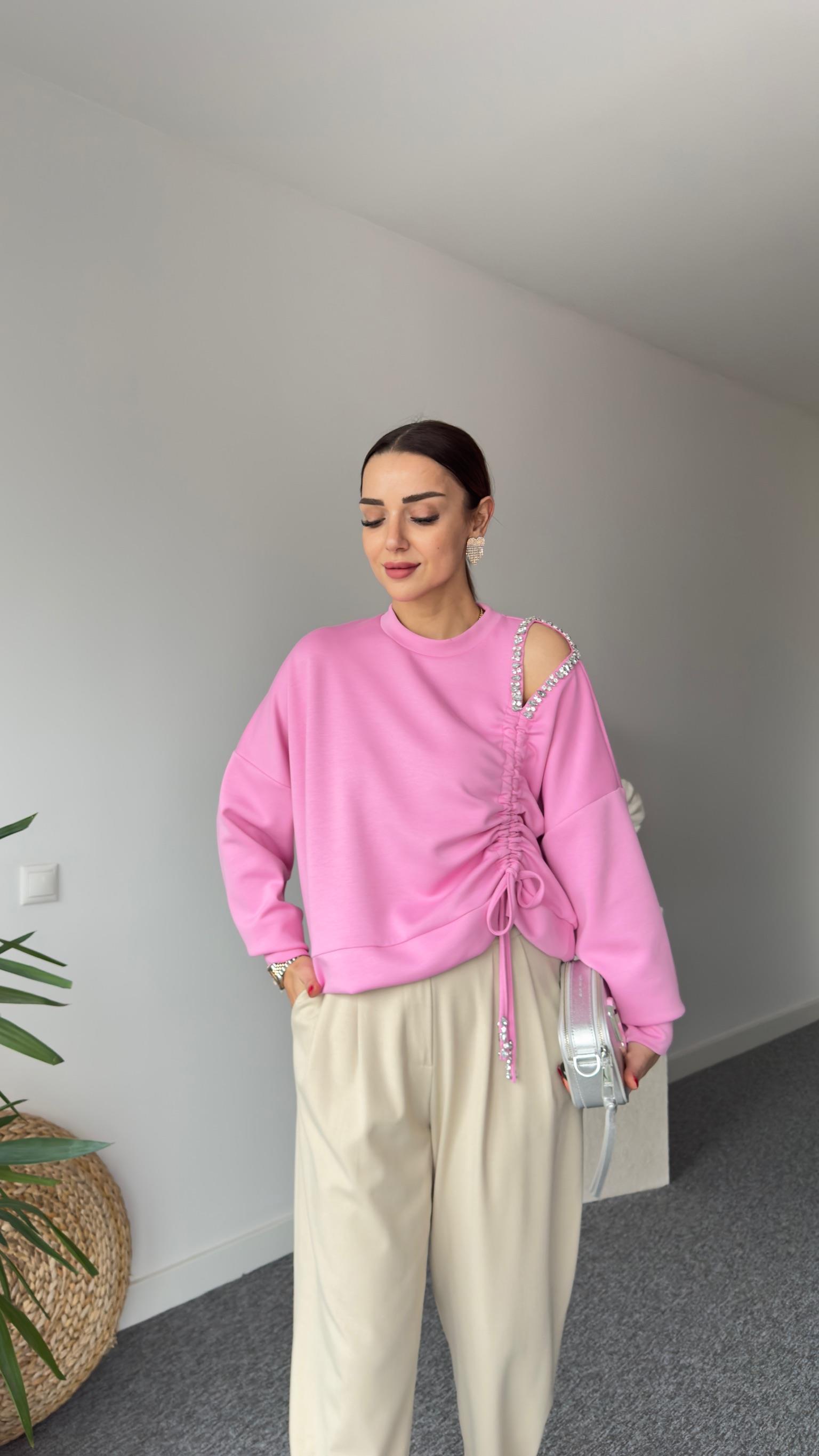 Premıum Büzgülü Taş Detay Pembe Modal Sweat