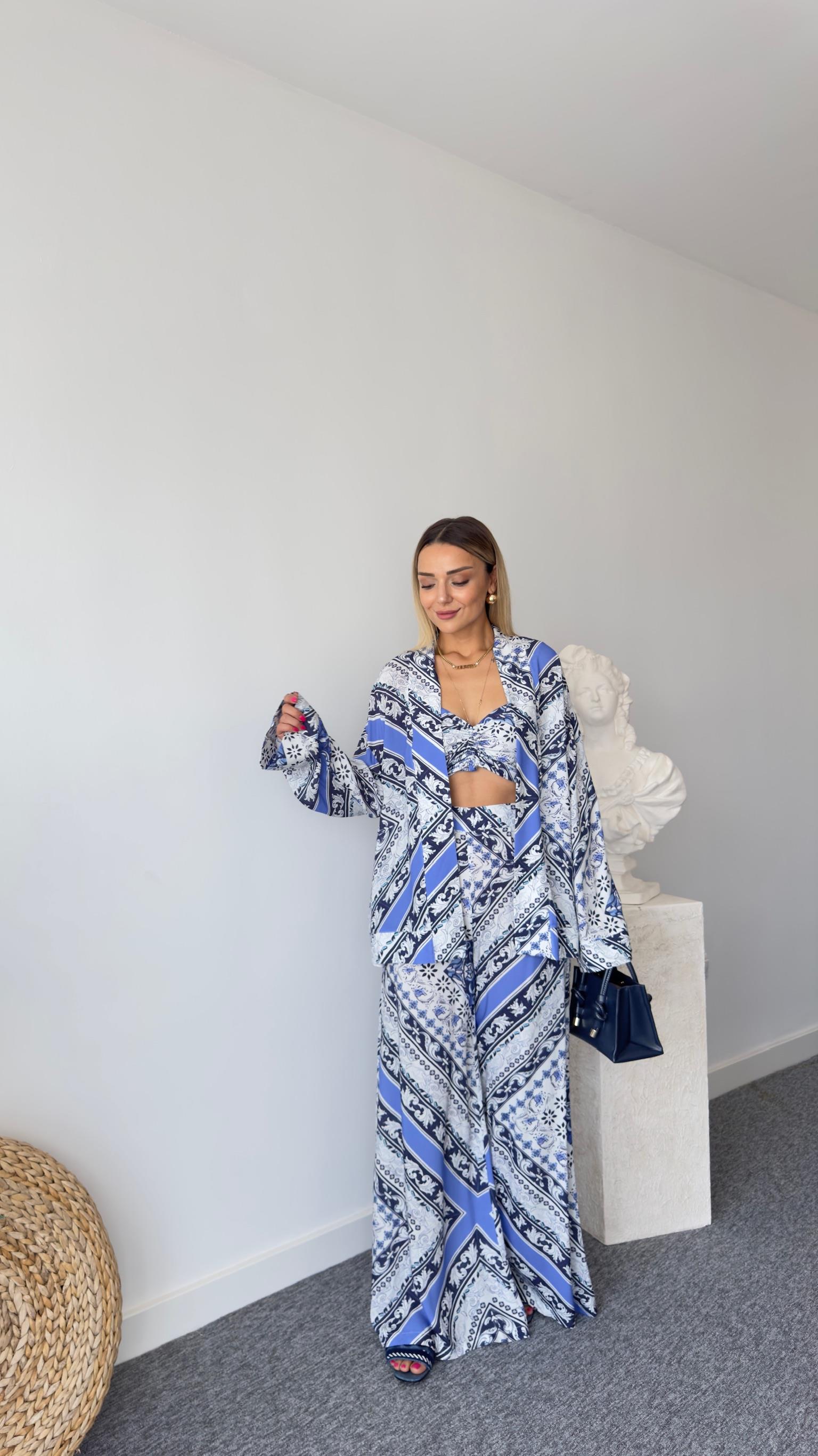 Medi Etnik Desen Viskon Mavi Kimono
