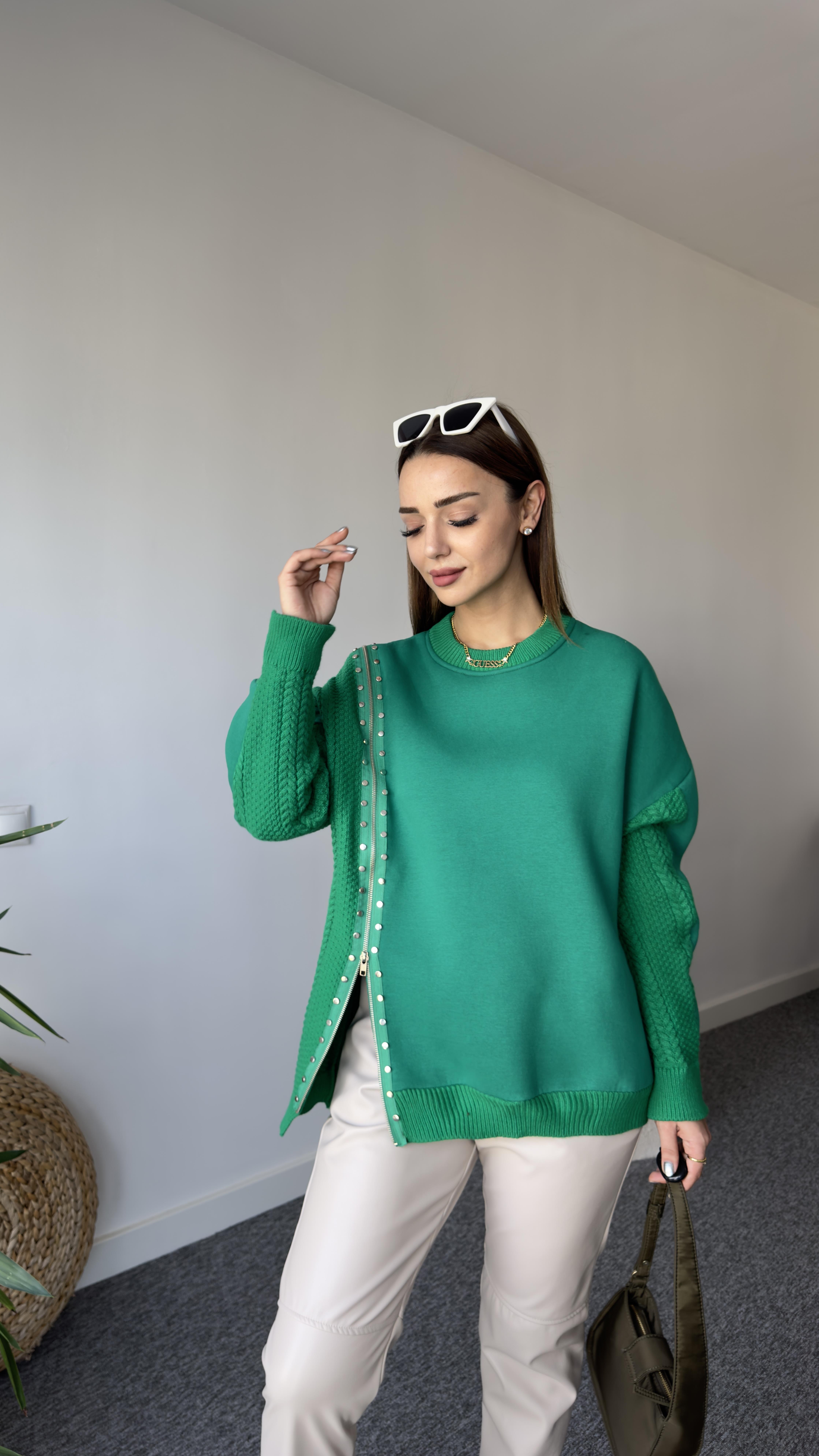 Fermuarlı Taş Detay Orj Model Yeşil Tasarım Sweat 