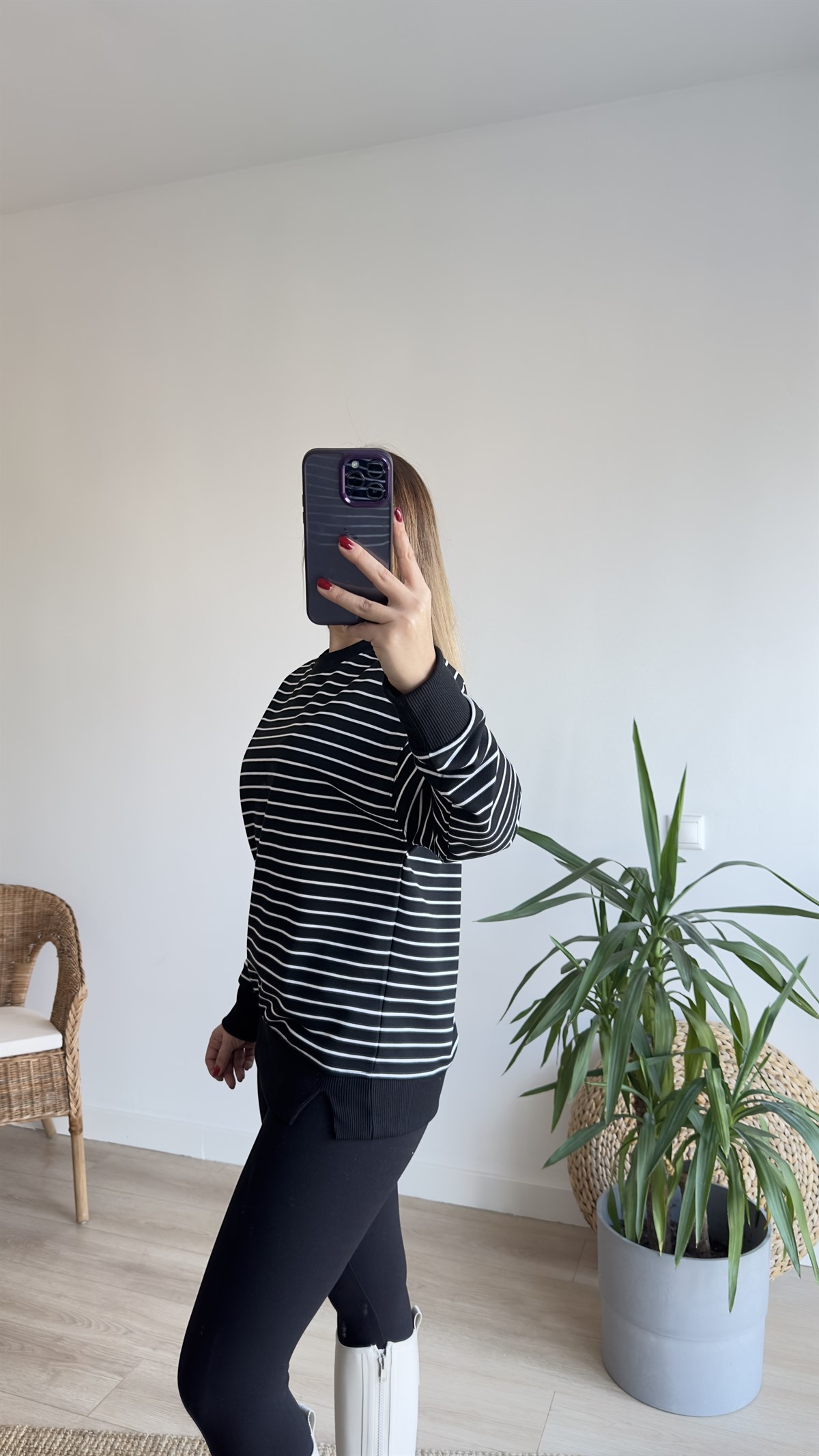 Çizgili Siyah Basic Sweatshirt