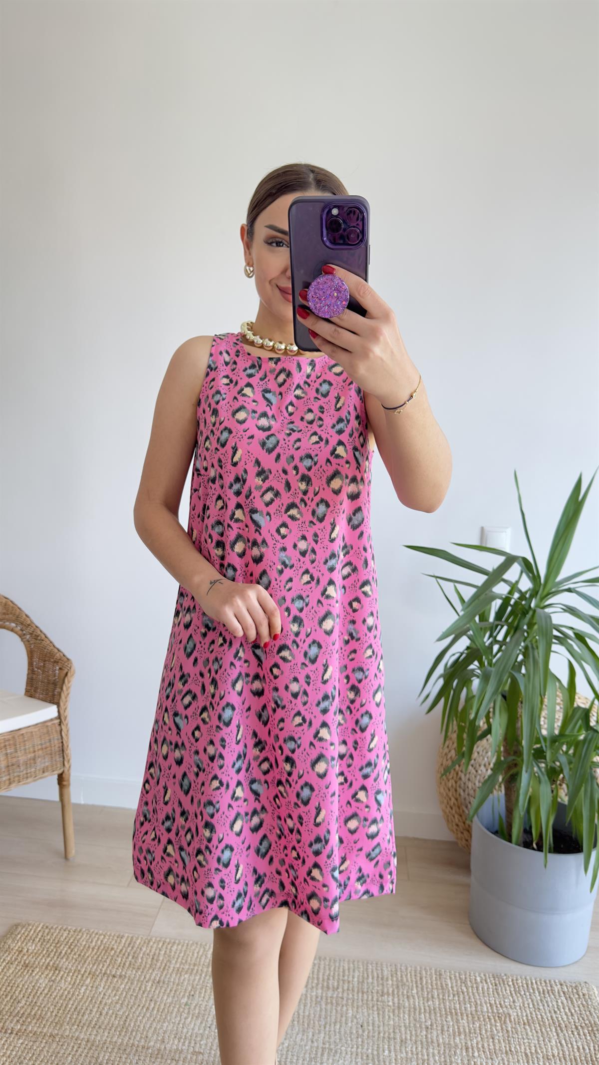 Rovena Leopar Desenli Pembe Elbise 
