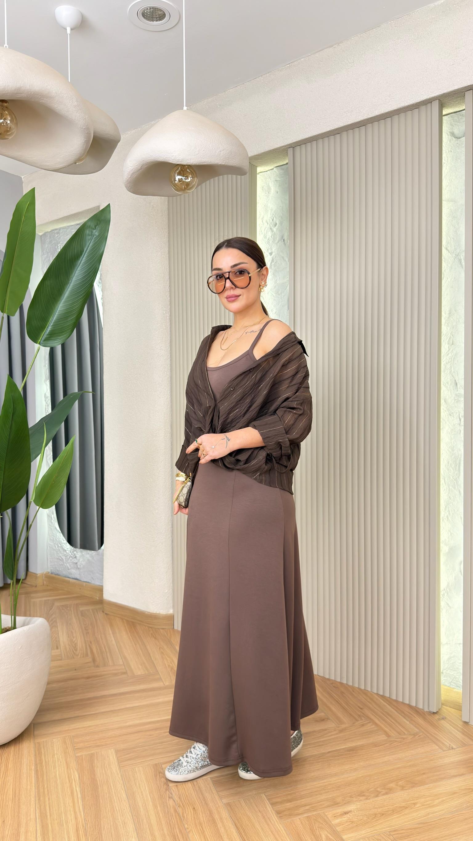 Kahve Nadiya Sim Geçişli Gömlek Elbise Takım
