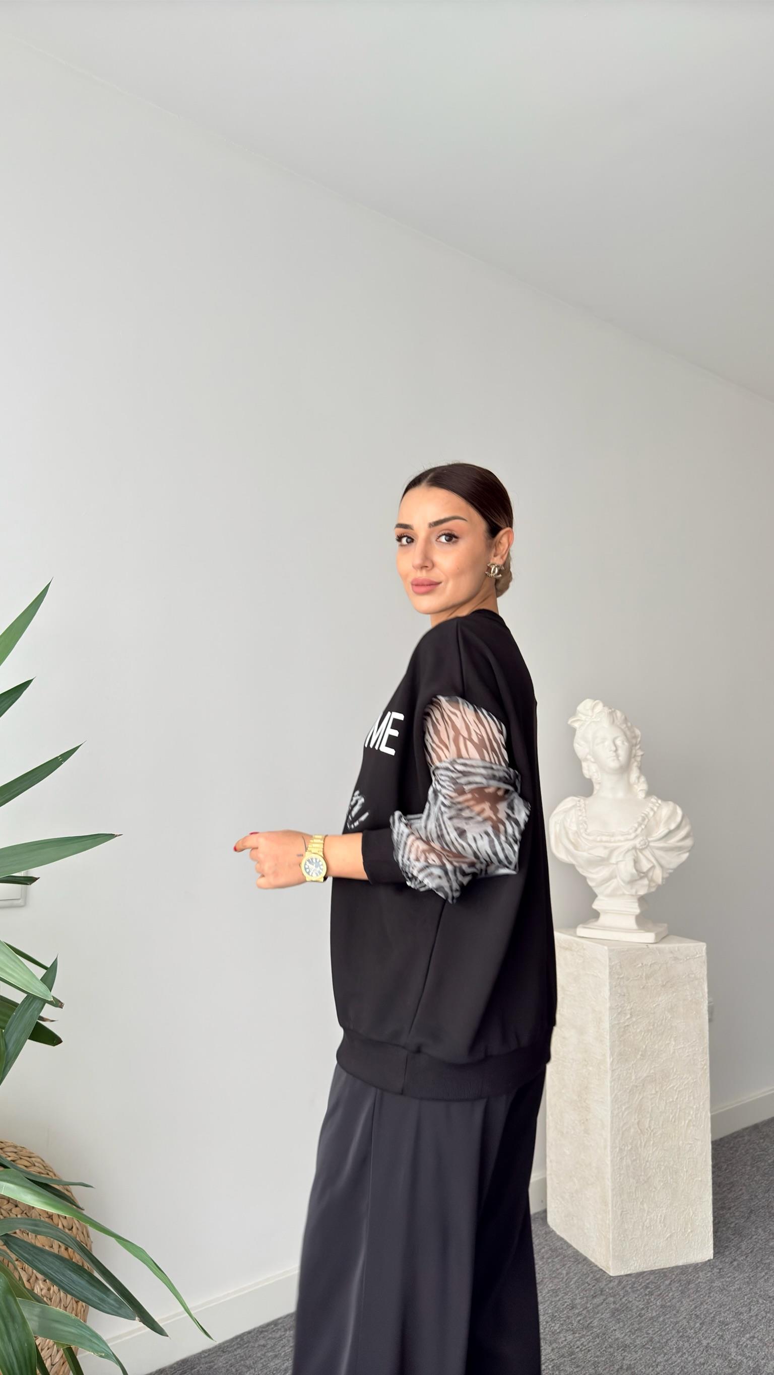 Fironi Kollar Organze Yazılı Siyah Sweat