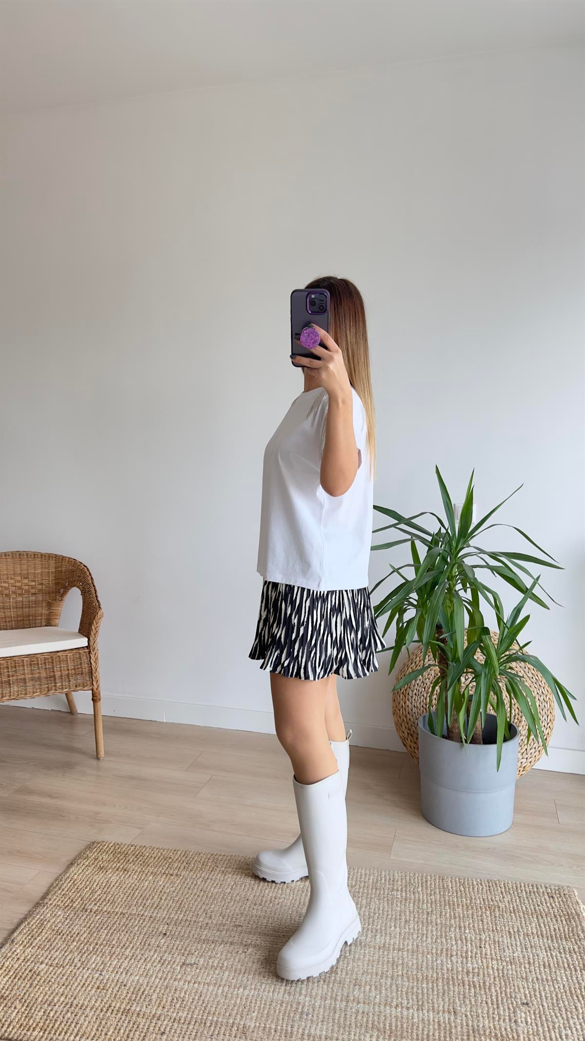 Duble Kol Taşlı Beyaz Tshirt