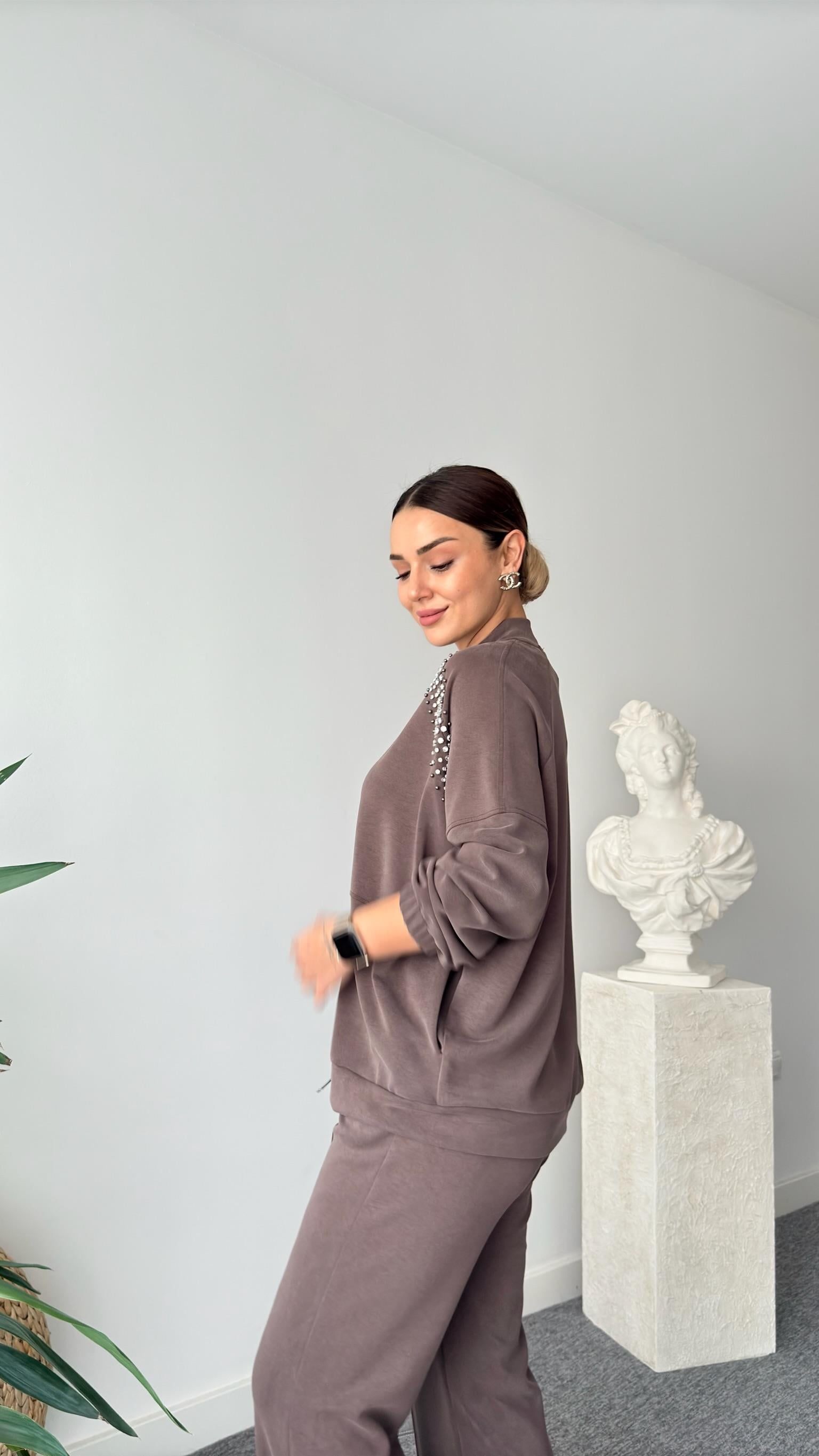 Kahve Lunes Taş Detaylı Modal Takım