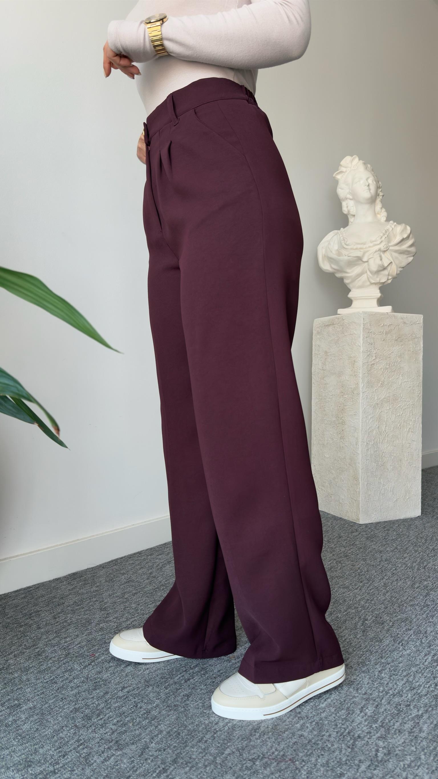 Bordo Gold Düğme Bel Lastikli Pantolon