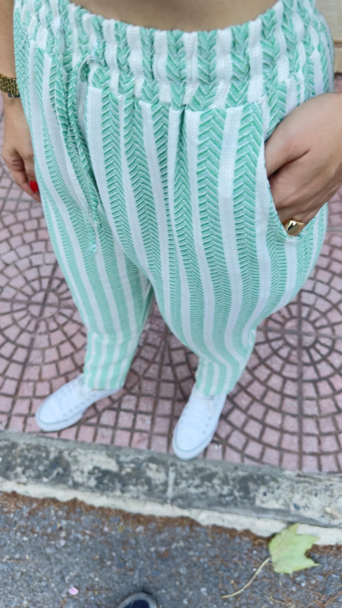 Yeşil Şeritli Örme Pantolon