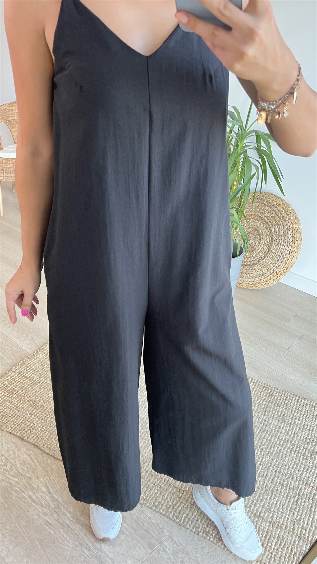 Askılı Siyah Poplin Tulum