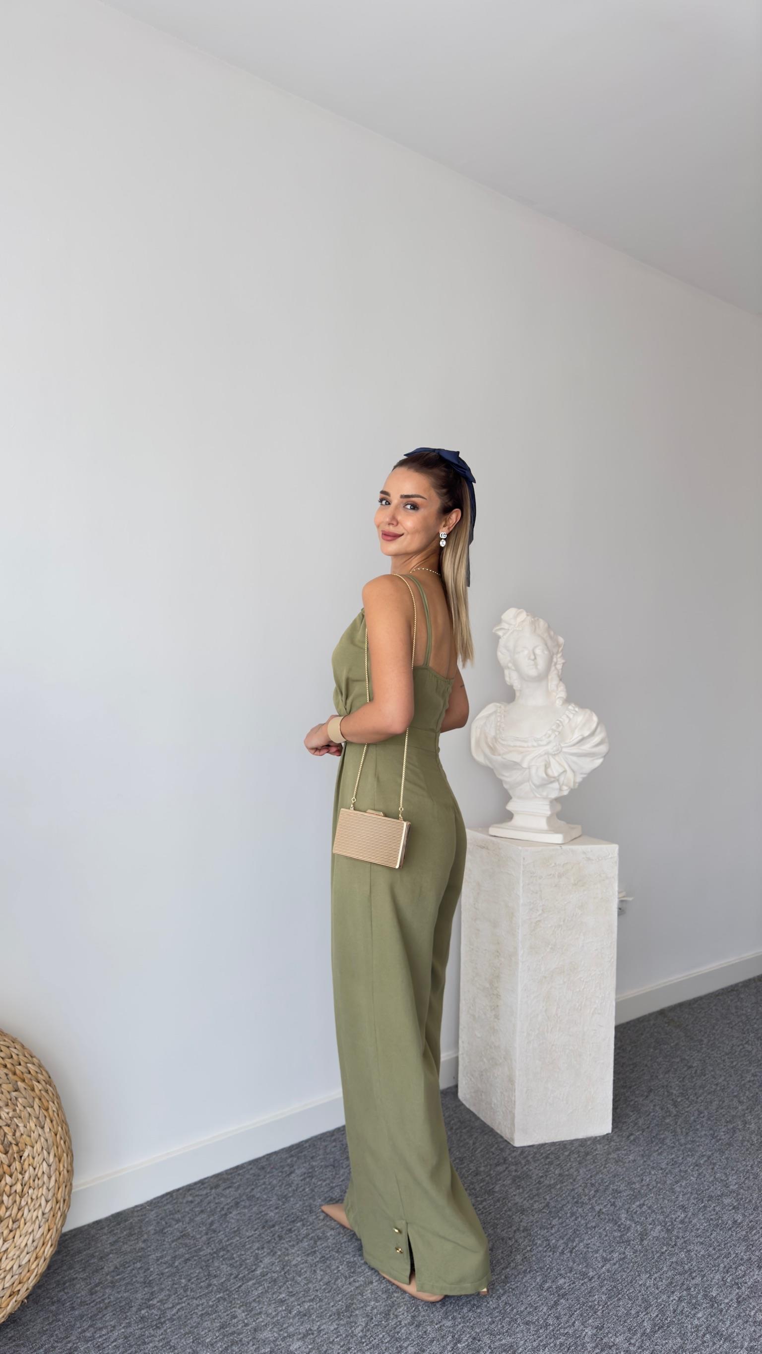 Lıu Gold Detaylı Haki Keten Tulum