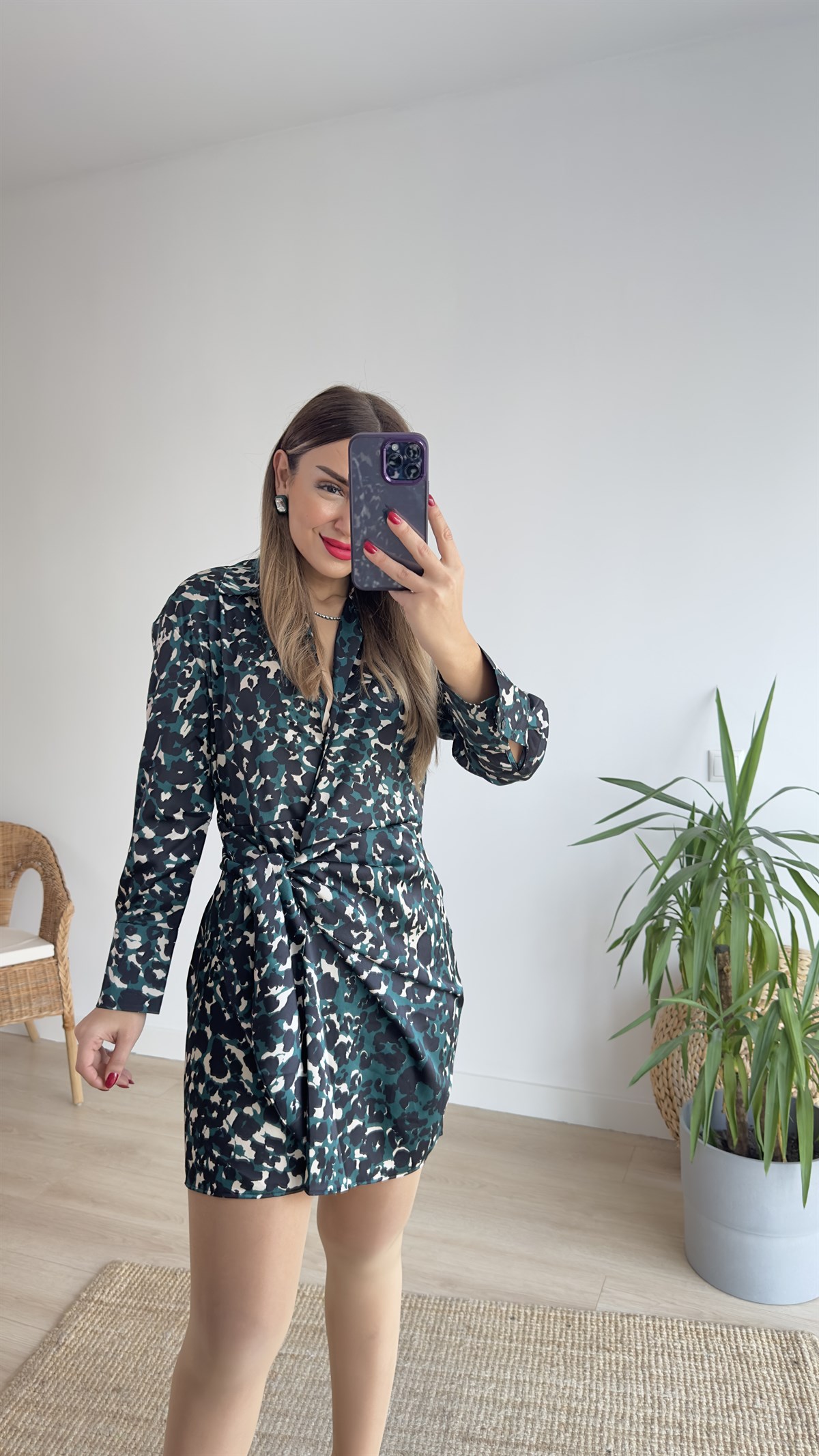  Leopar Desen Bağlamalı Yeşil Elbise   