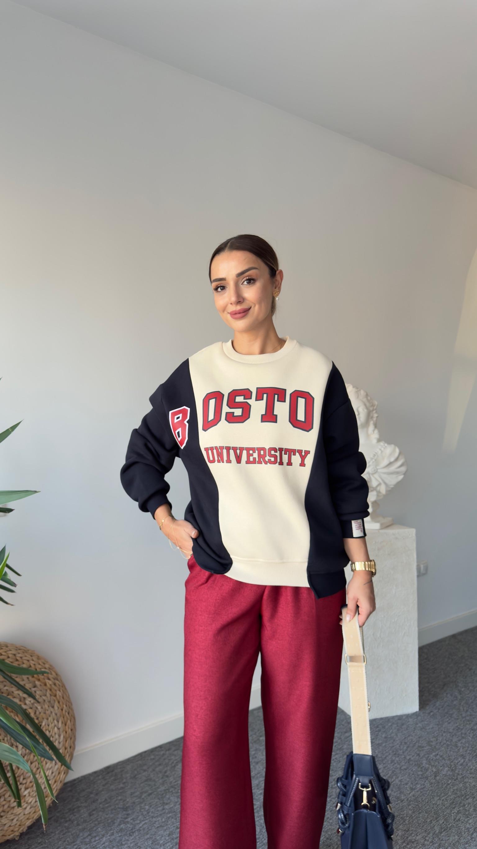 Boston Yazılı Çift Renk Sweatshirt