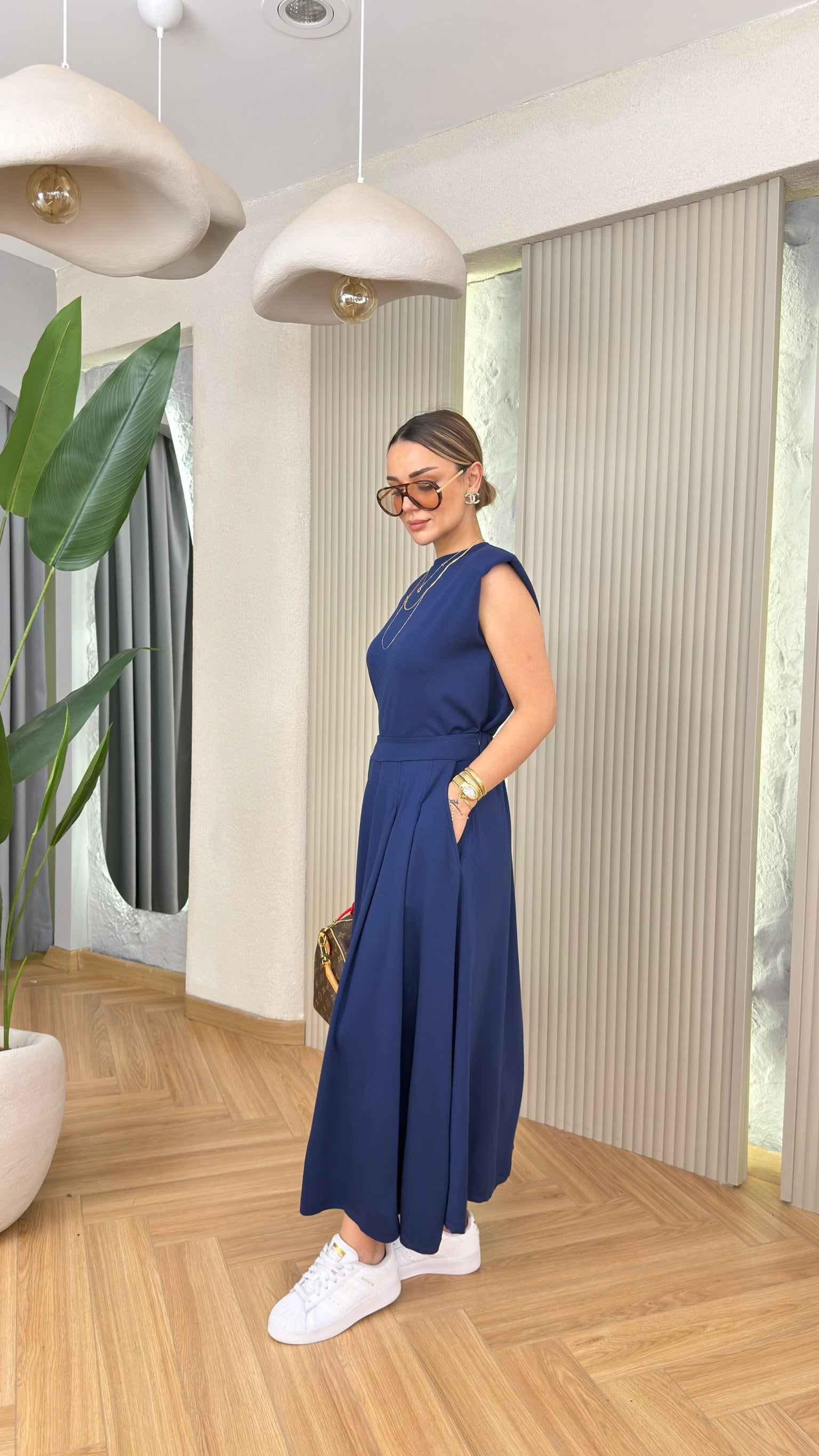 Lacivert Verona Pileli Etek Bluz Modal Takım