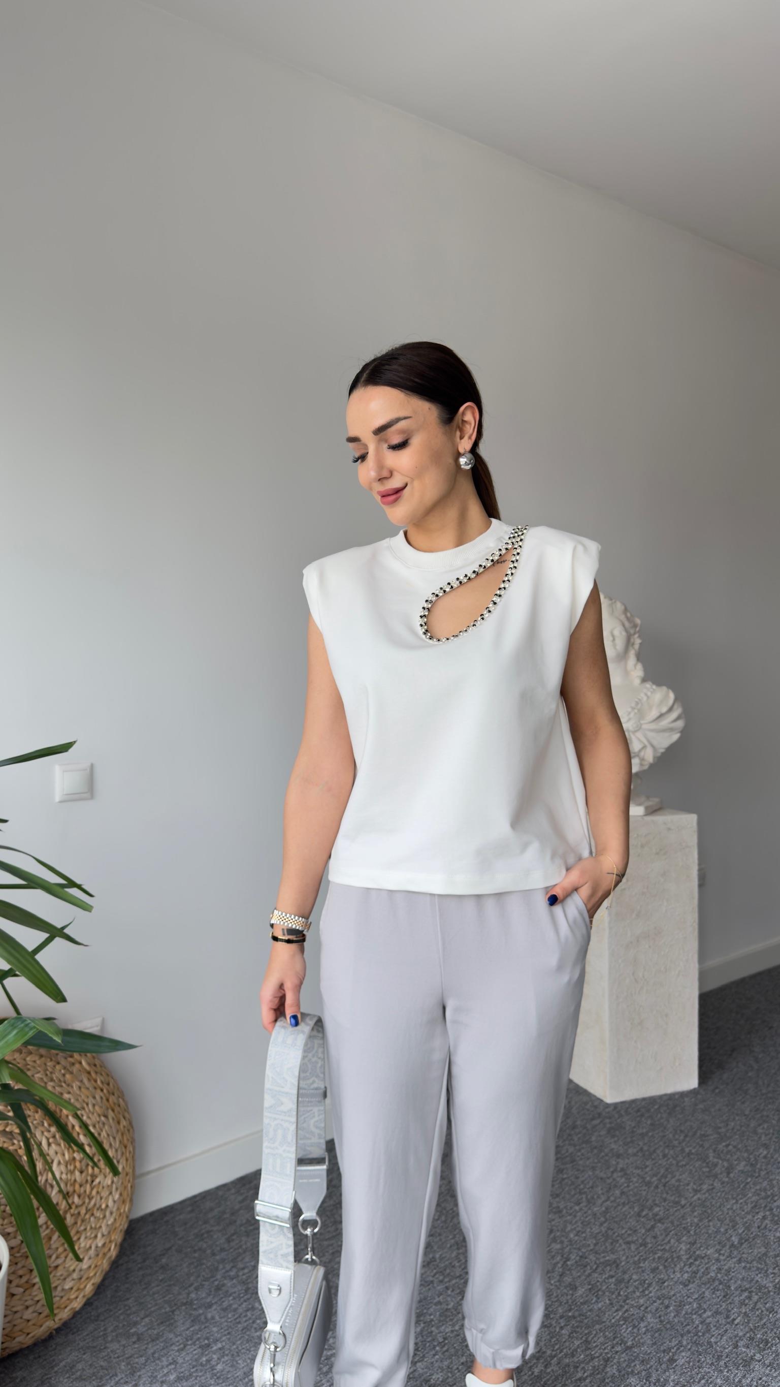 Beyaz Orj Model Damla Taş İşlemeli Tshirt