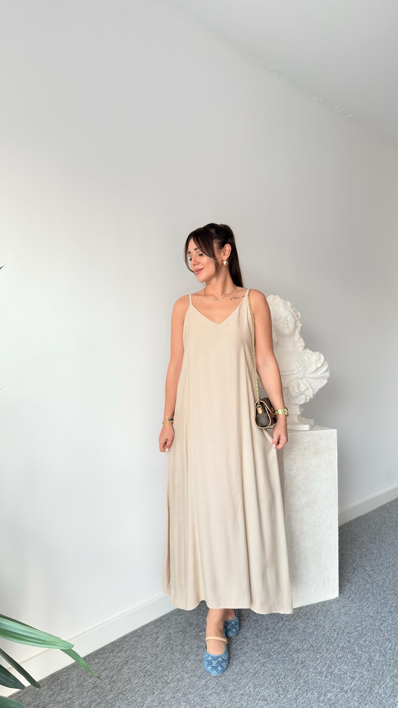 Bej Merela Askılı Elbise