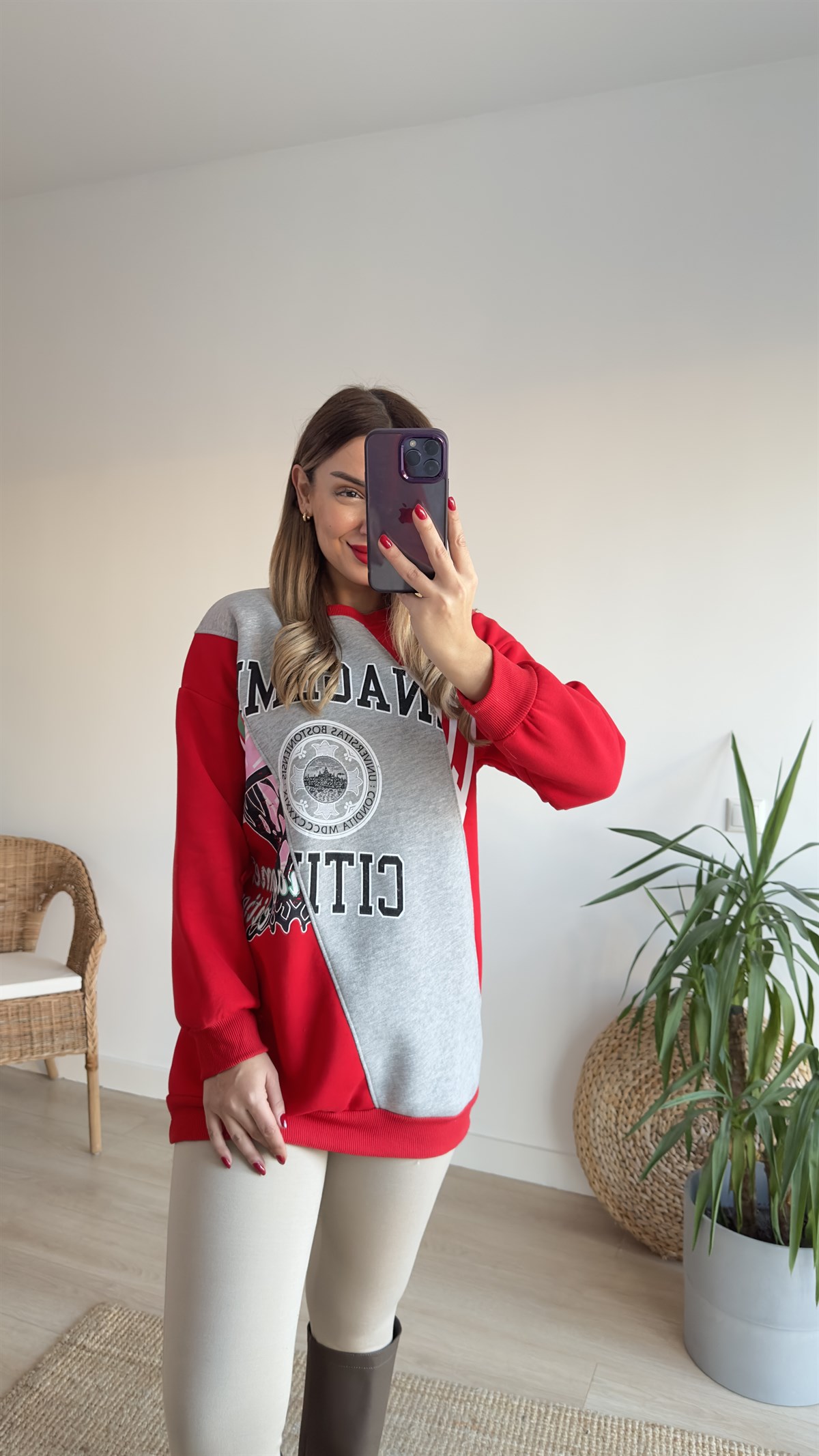 Çift Renk Baskılı Kırmızı Sweat	