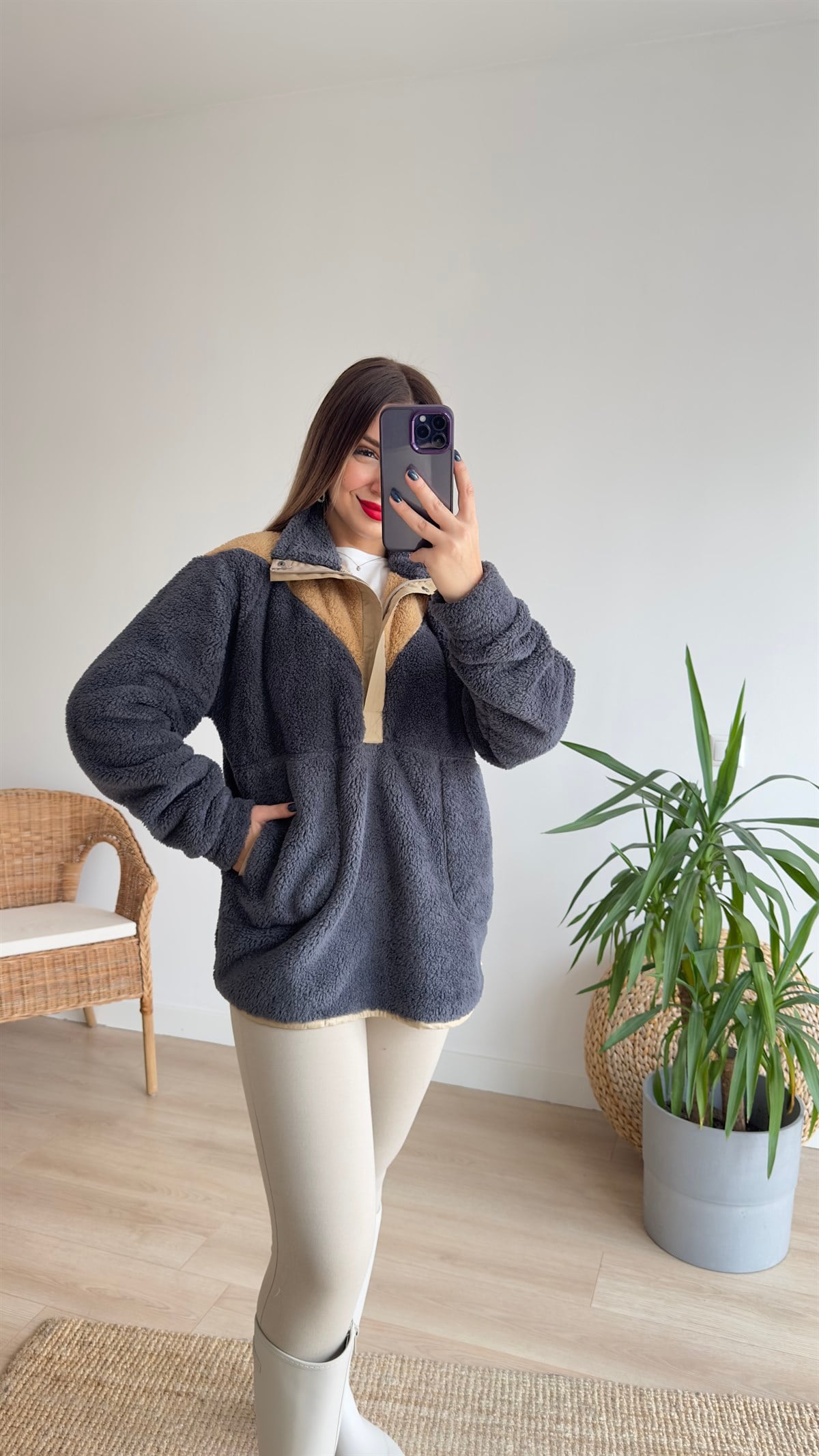 Yarım Fermuar Cepli Antrasit Polar Sweat