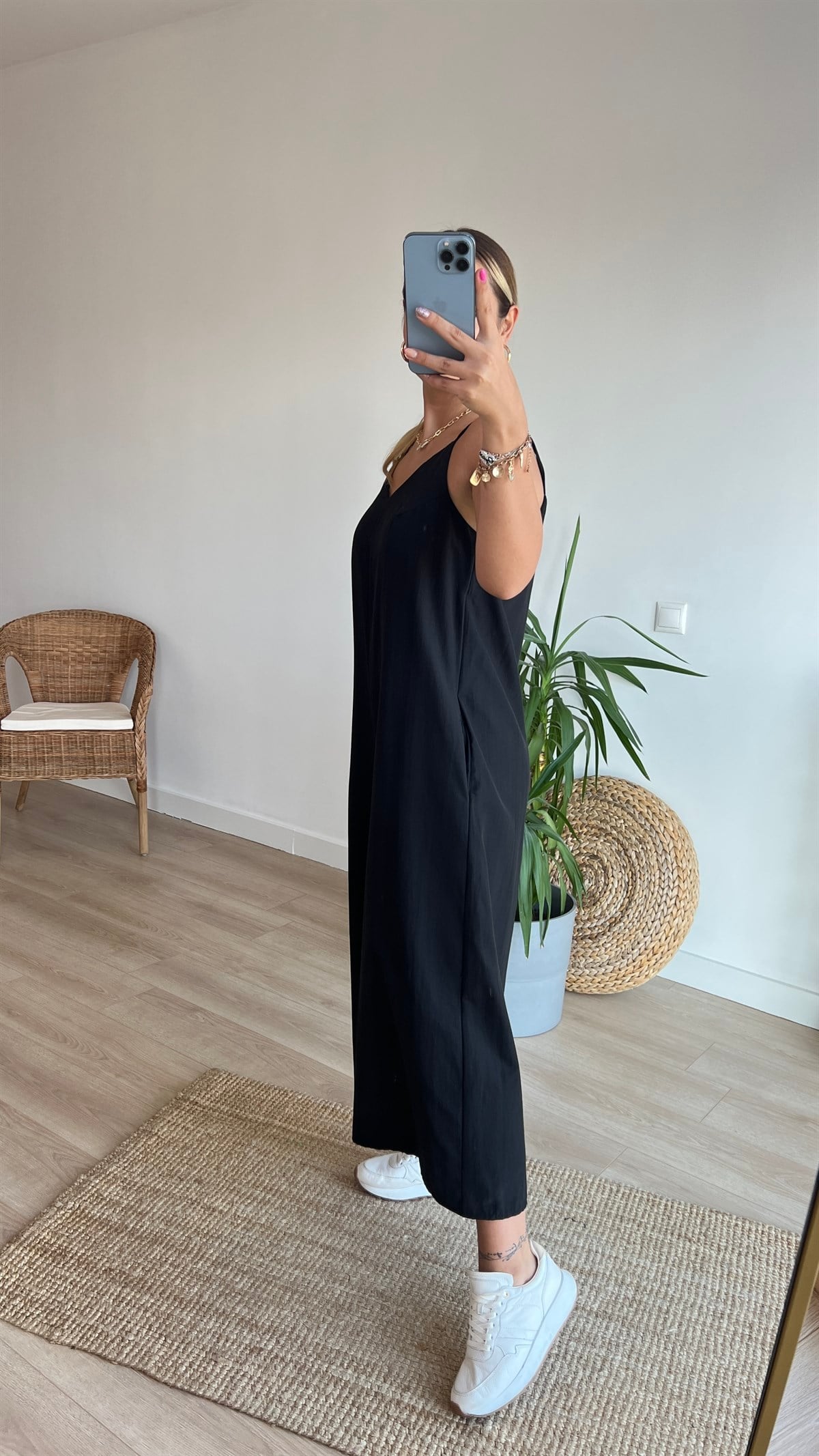 Askılı Siyah Poplin Tulum