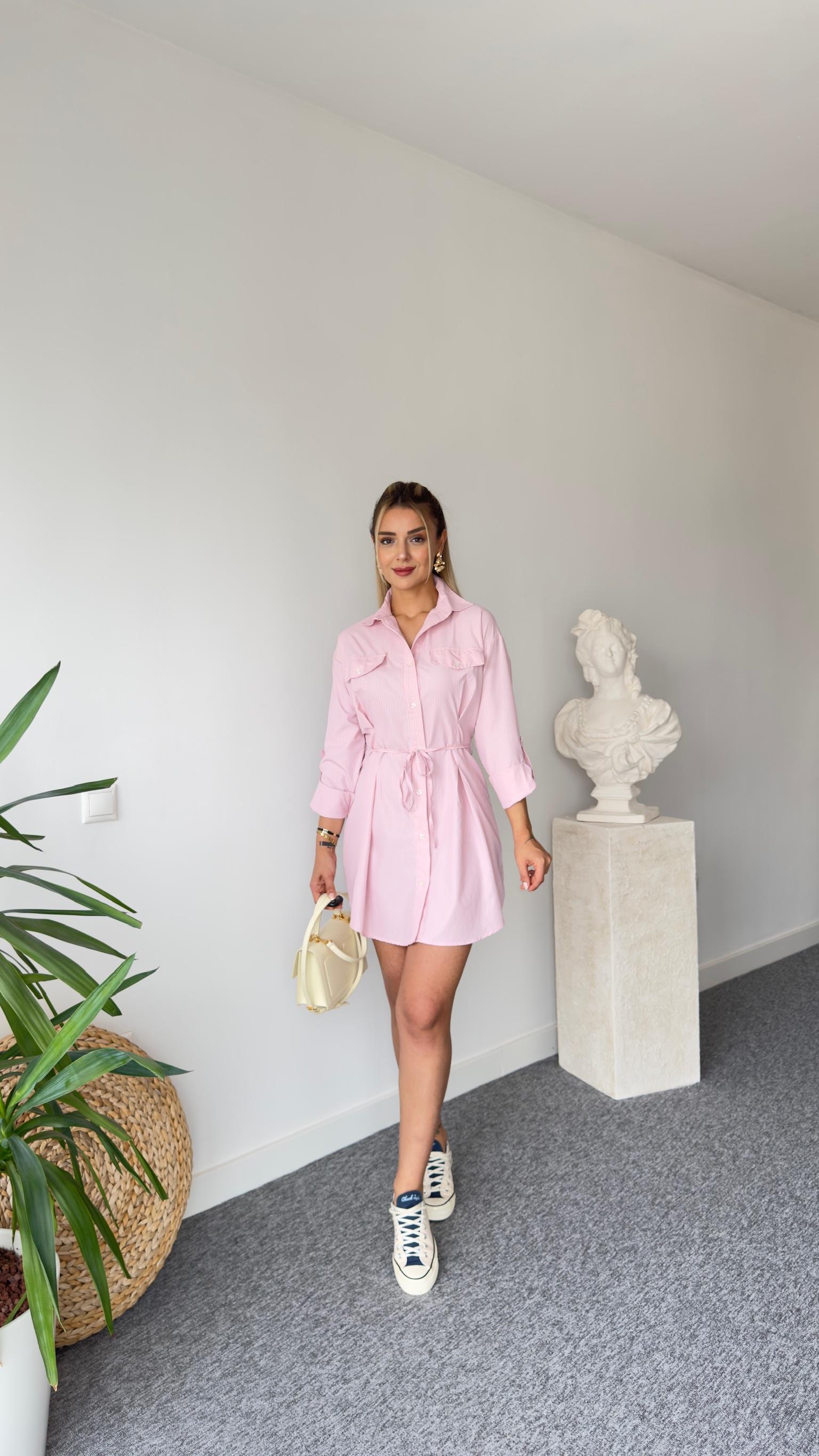 Nesta Çizgili Pembe Tunik Elbise
