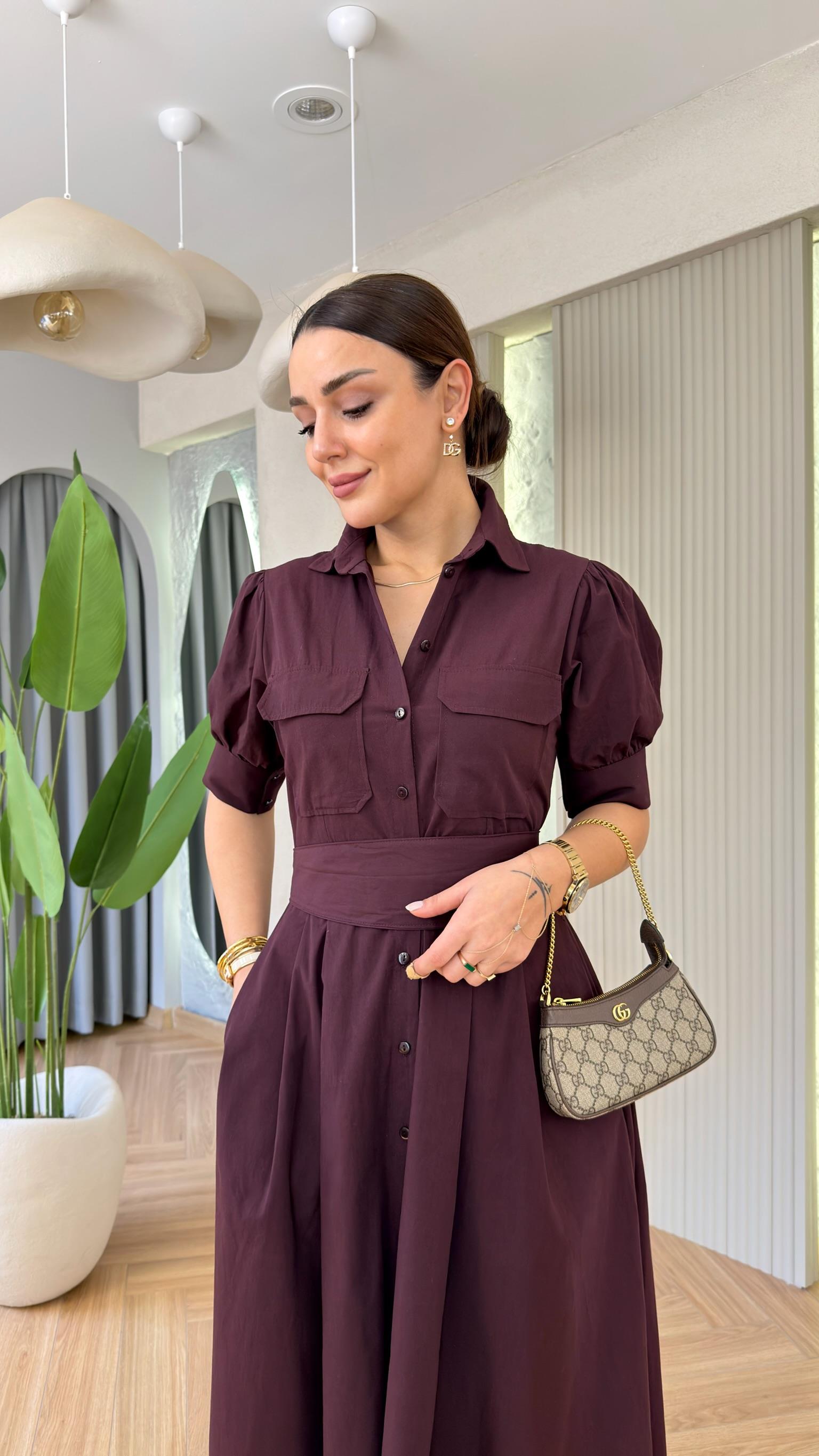 Bordo Balon Kol Kuşaklı Poplin Elbise 