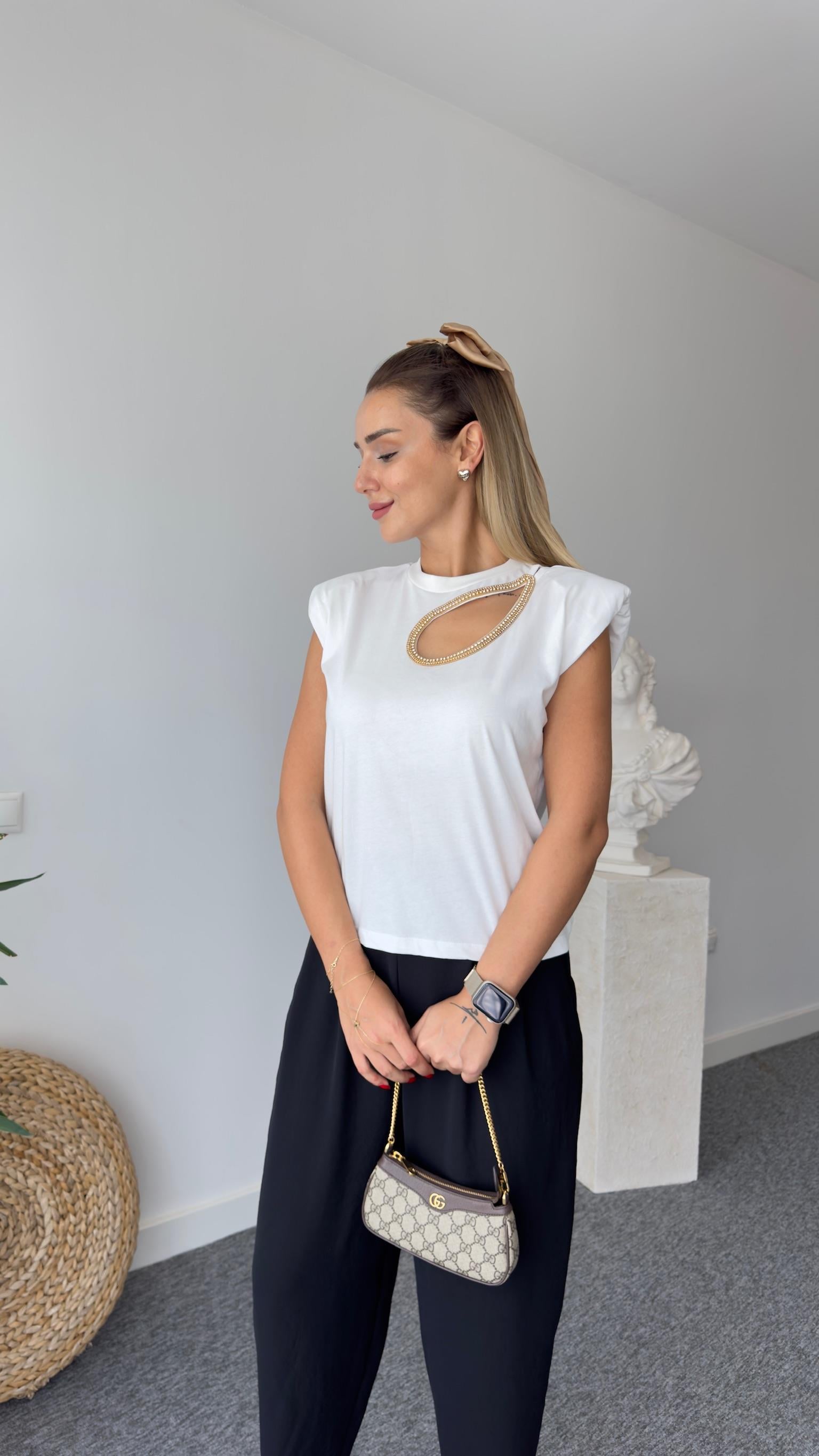 Gold Damla Taş İşlemeli Beyaz Tshirt