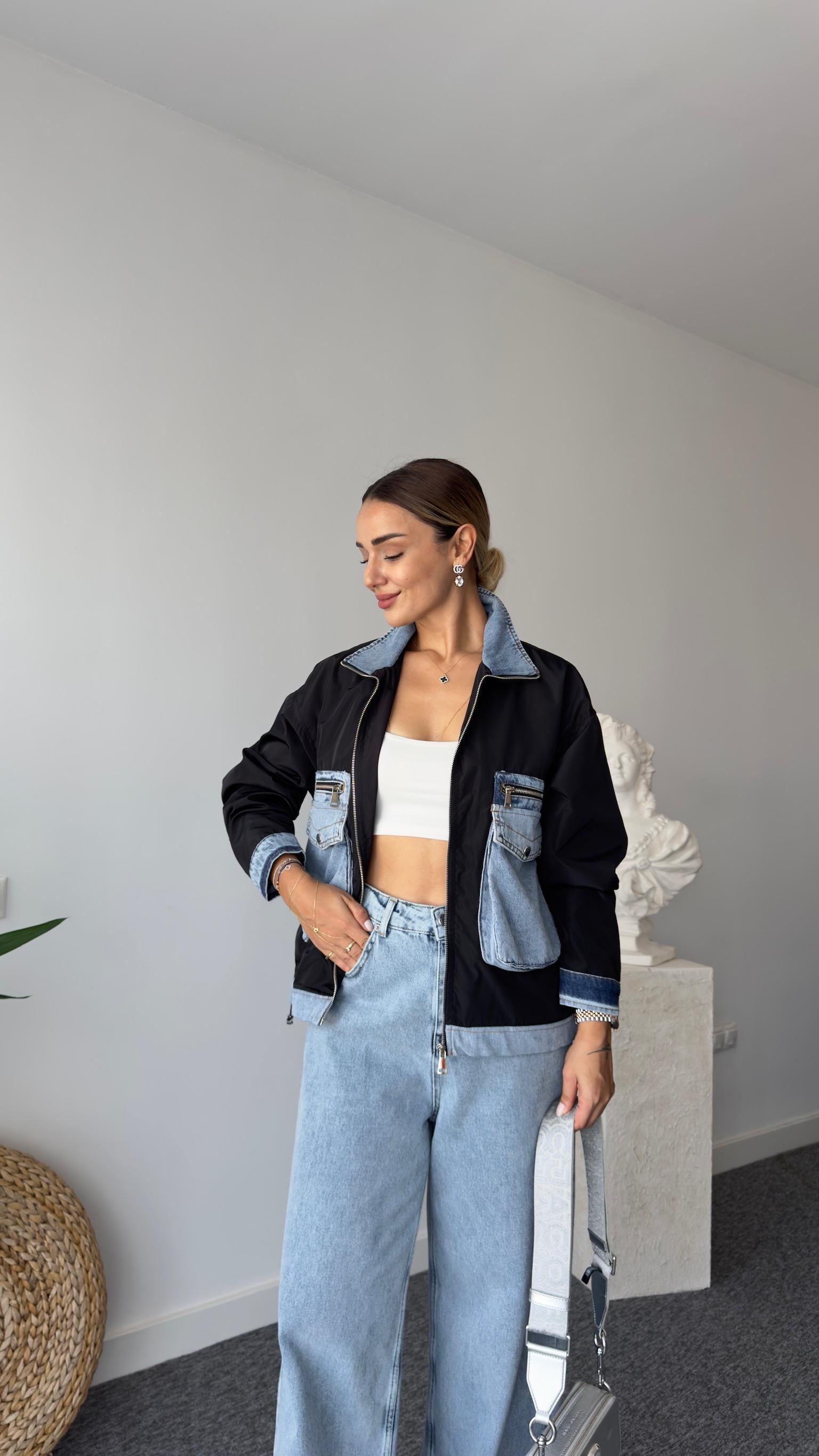 Denim Cepli Garnili Siyah Paraşüt Ceket