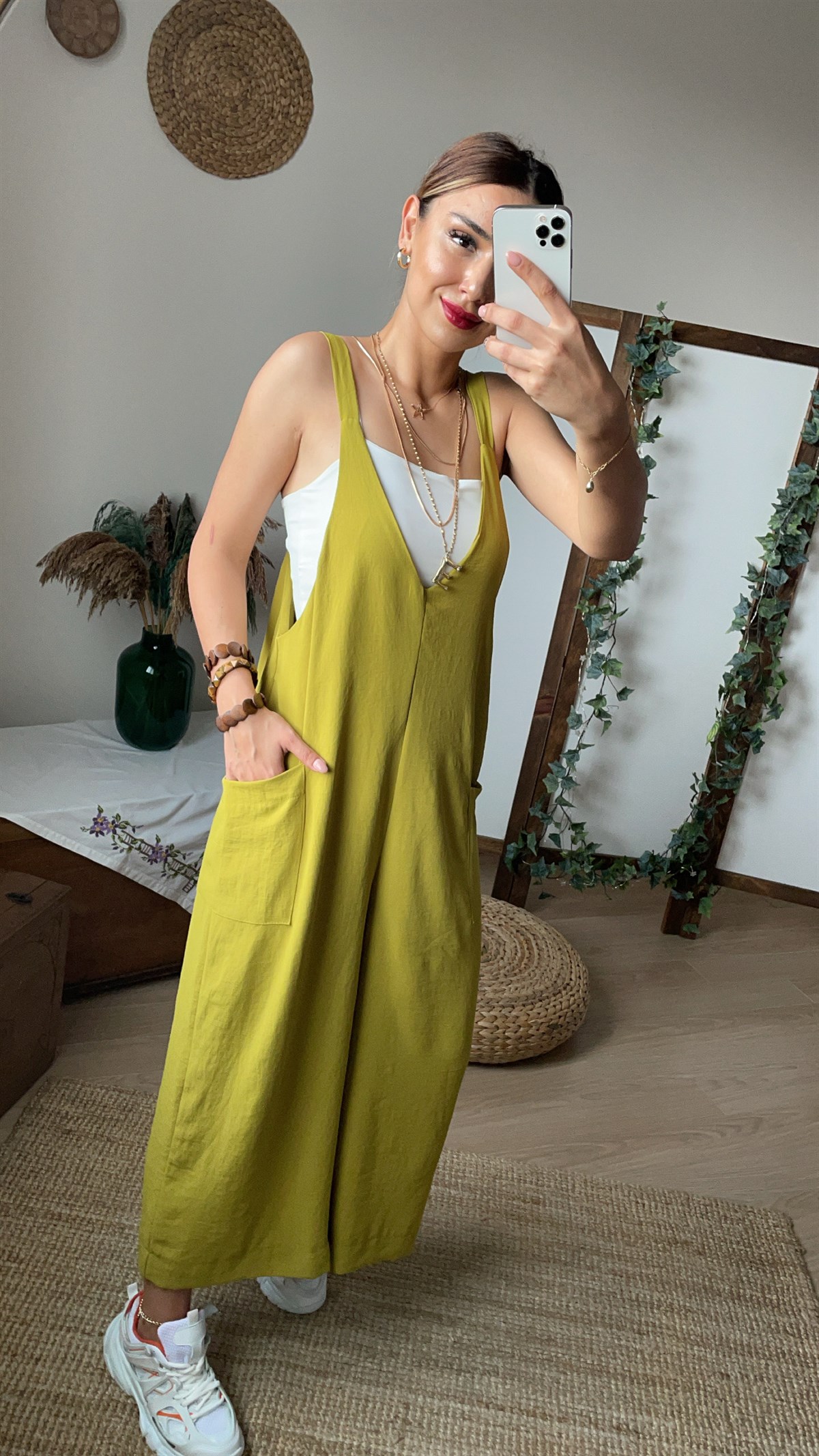 Yandan Cepli Fıstık Yeşili Tulum