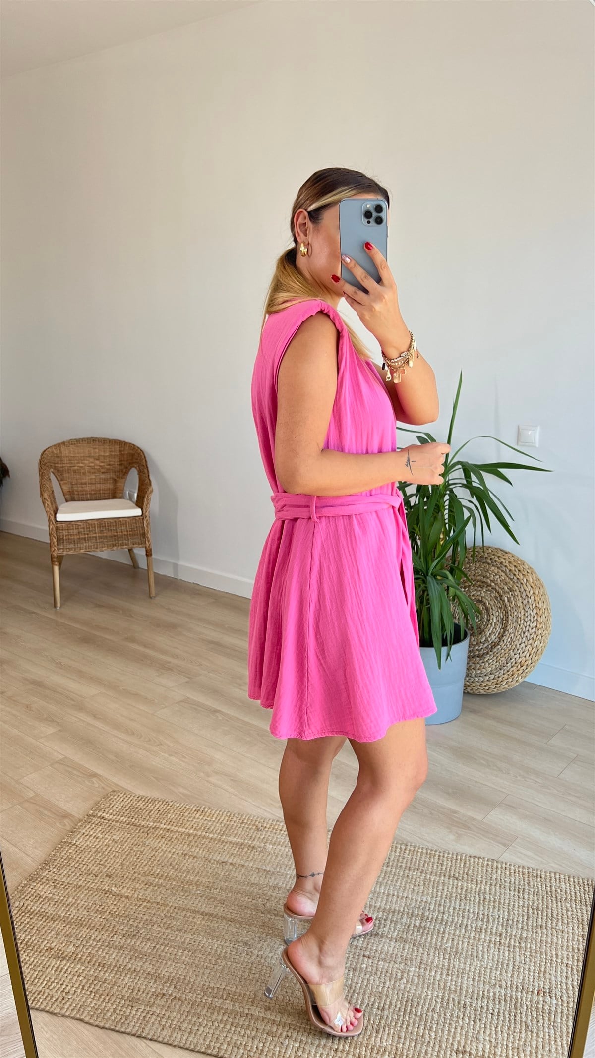 Müslin Kumaş Vatkalı Pembe Elbise