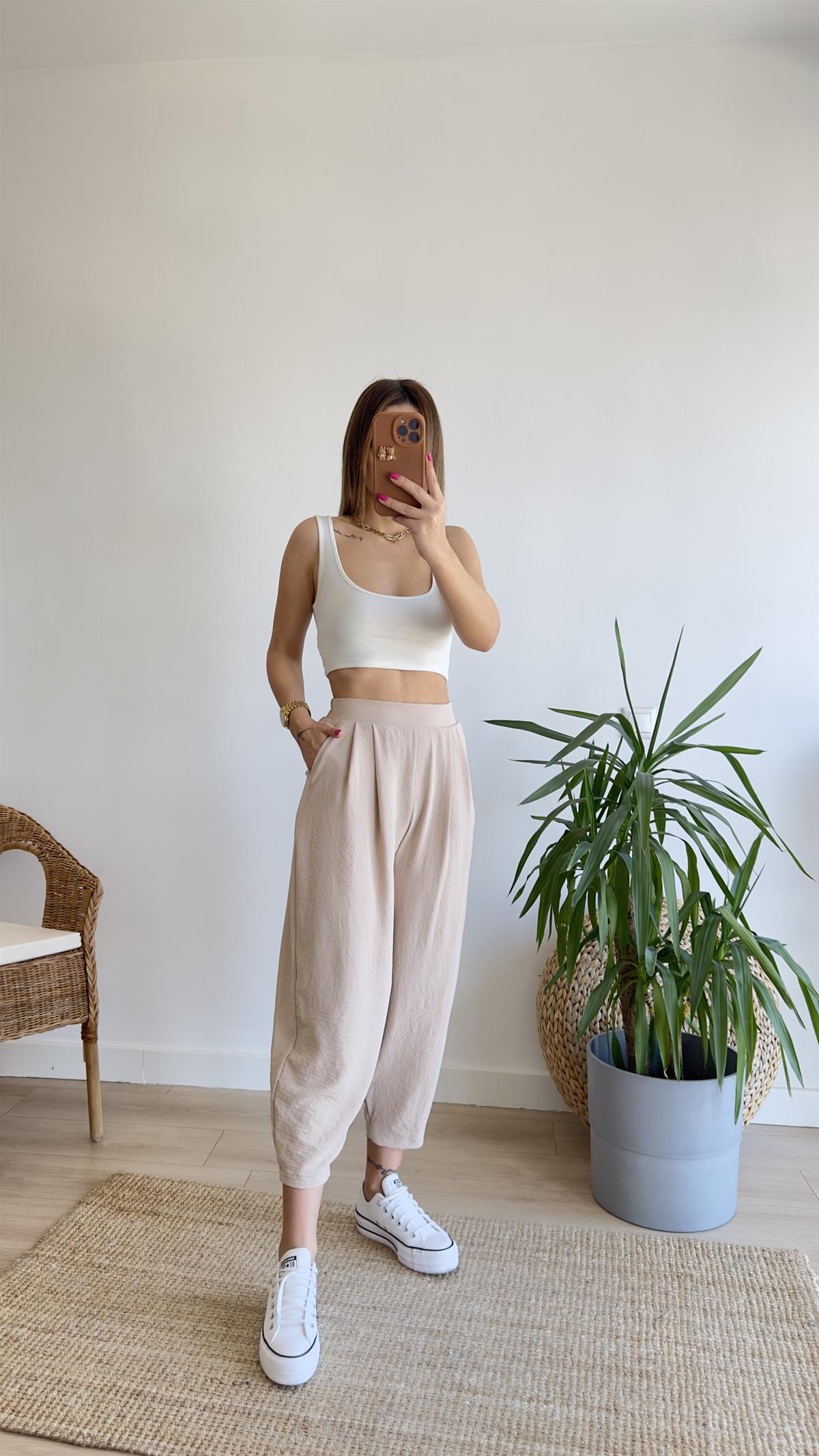 Bej Pileli Şalvar Model Pantolon