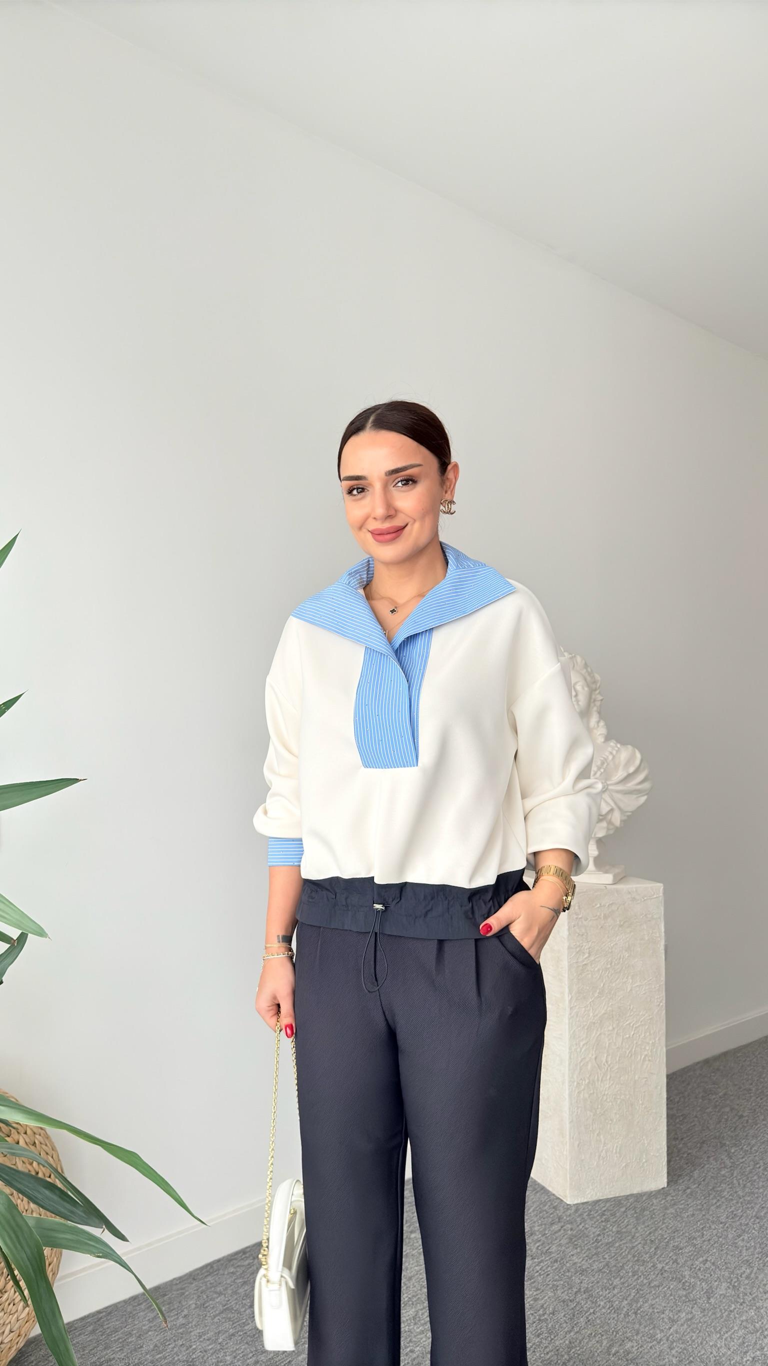 Viyana Bel Büzgülü Taşlı Poplin Garni Modal Sweat
