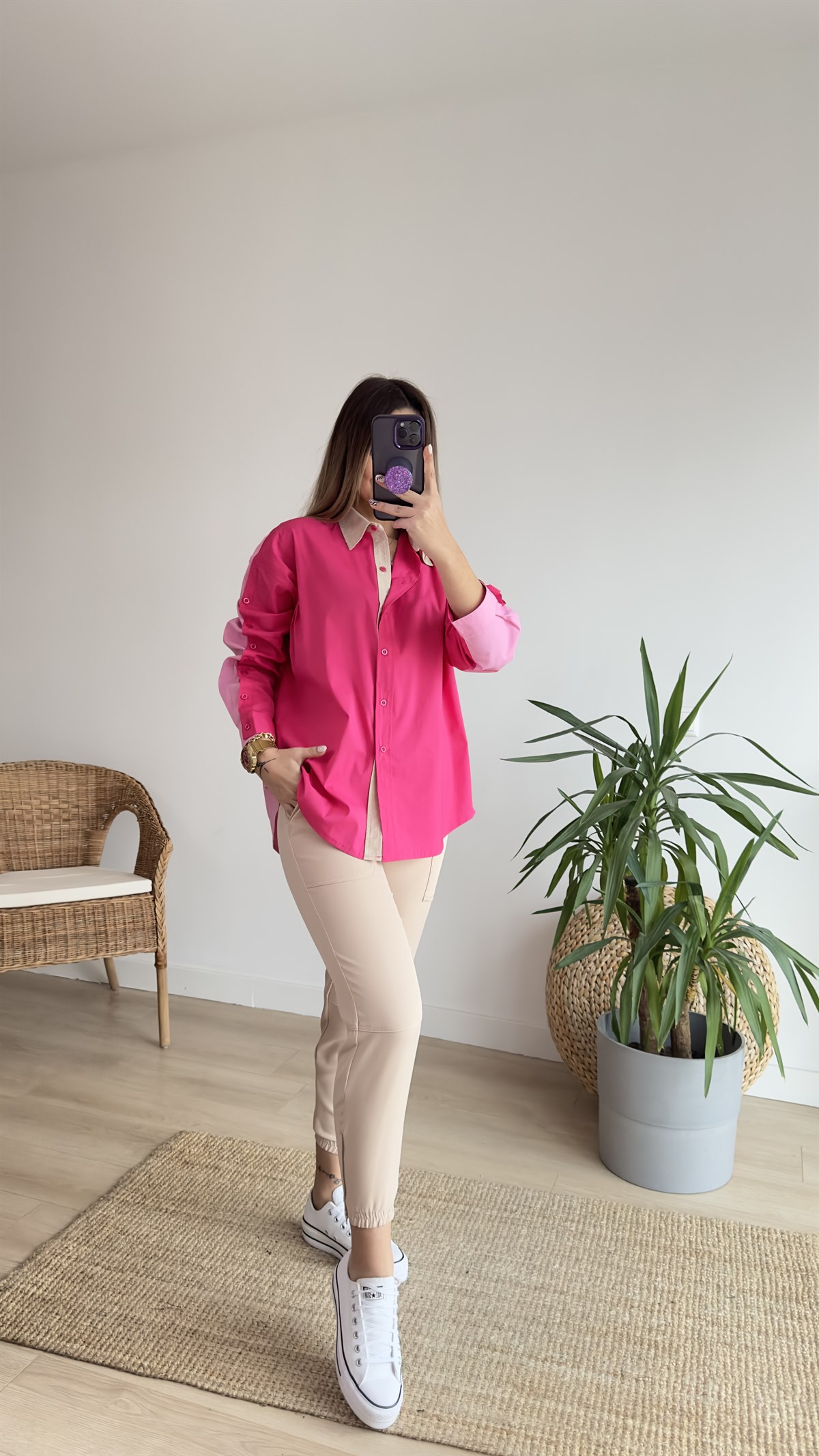 Çift Renk Tasarım Gömlek Pembe