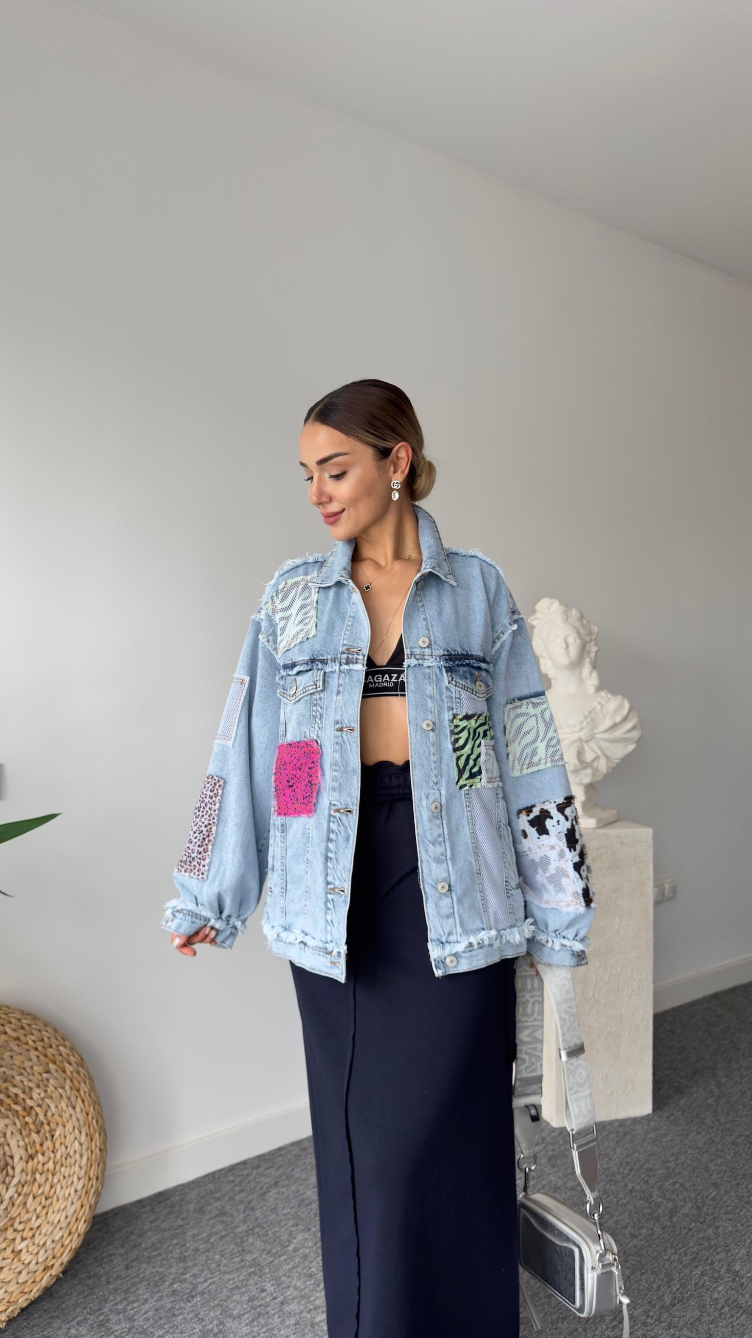 Fileli Patchwork Tasarım Jean Ceket