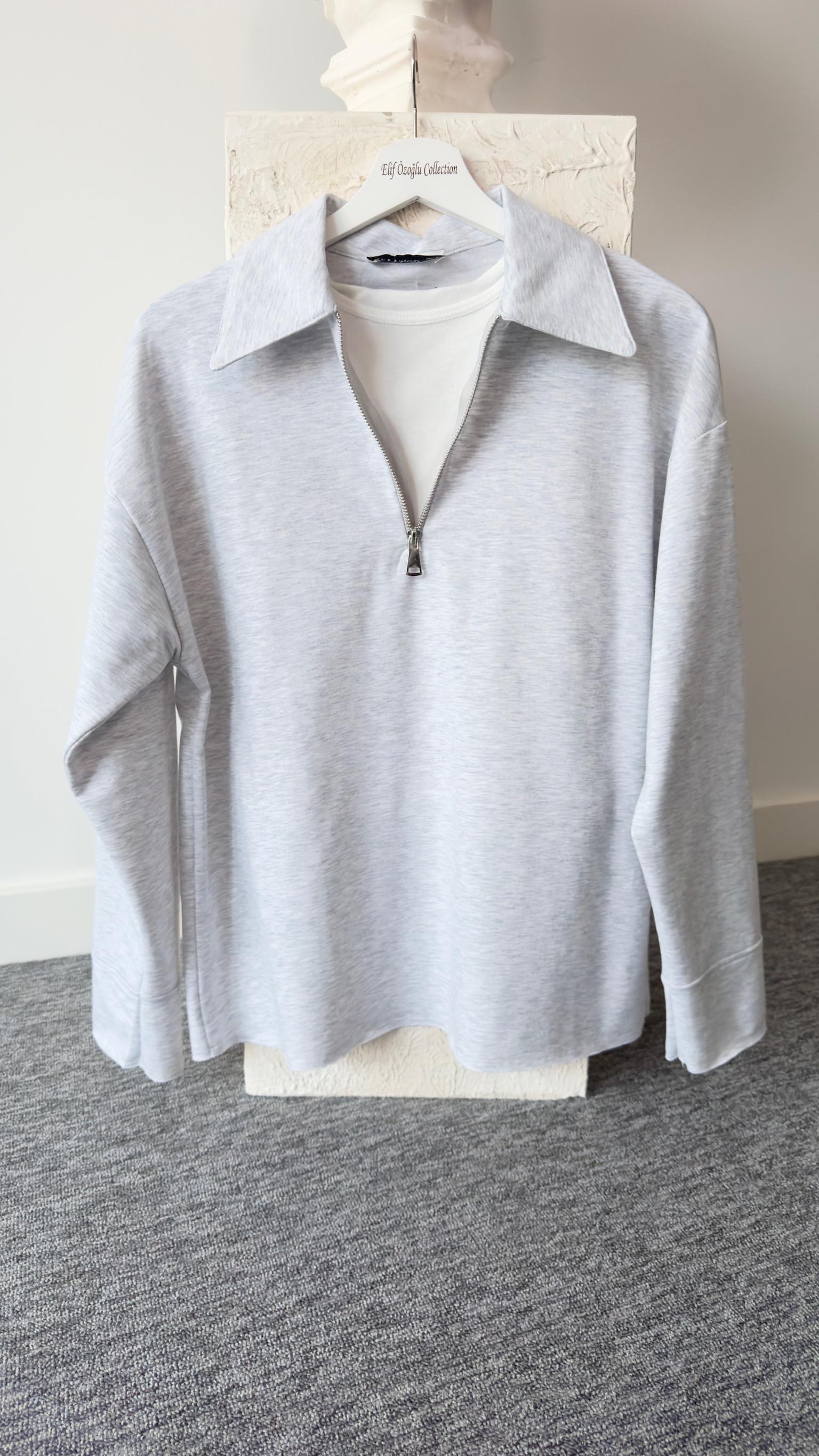 Polo Yaka Yarım Fermuarlı Gri Sweat