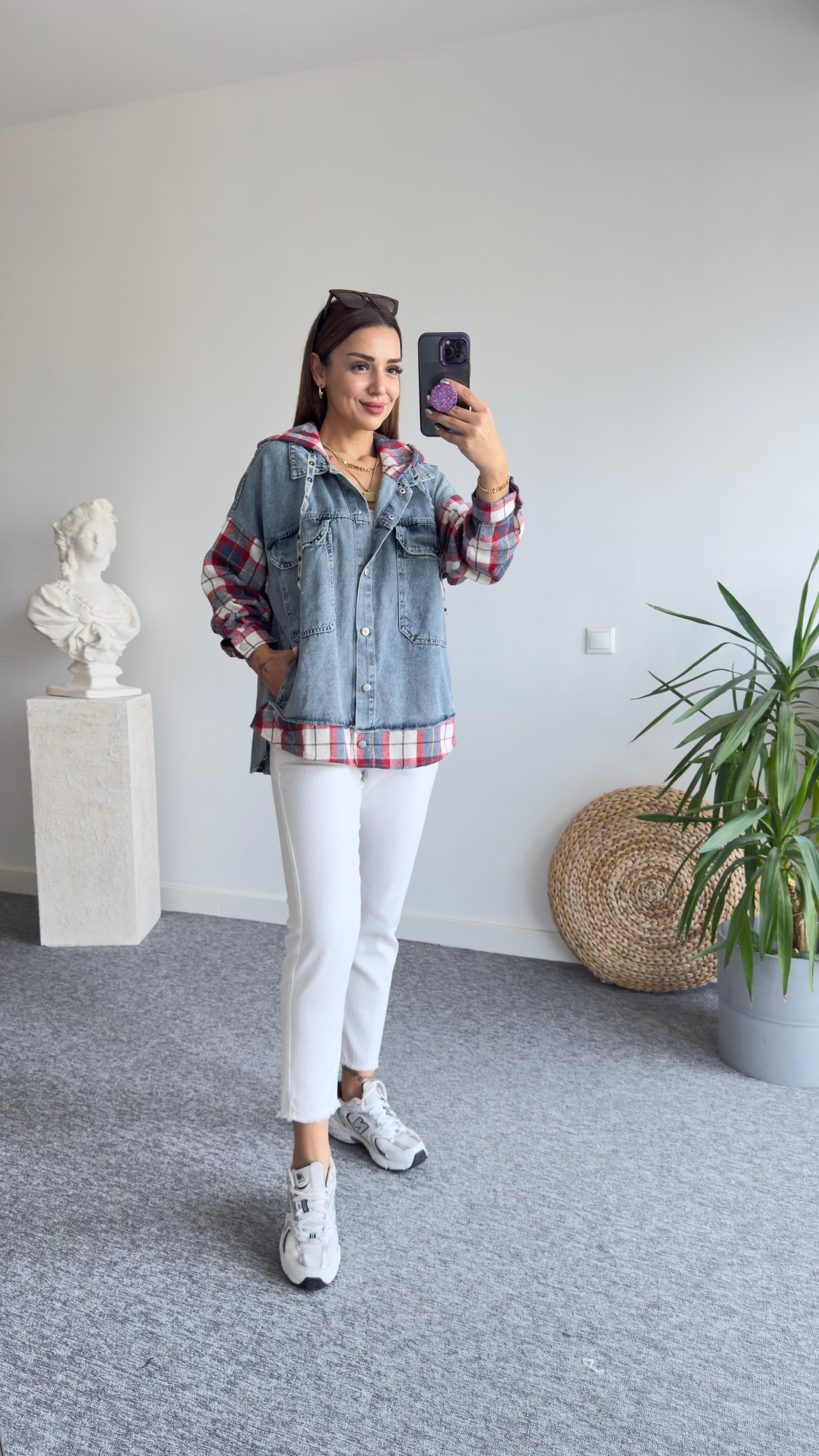 Kırmızı Ekose Detaylı Kapüşonlu Jean Ceket